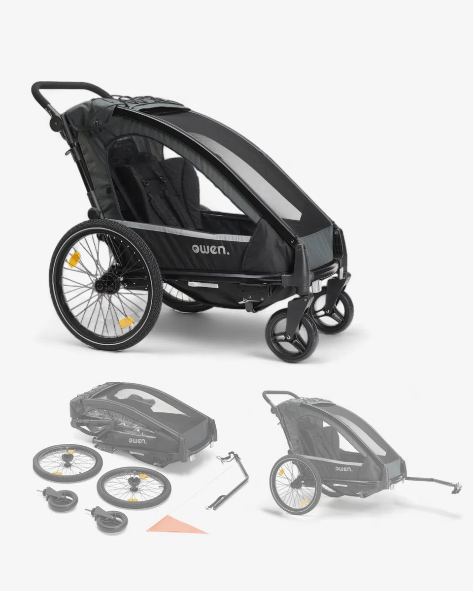Owen Kinderanhänger | 2-in-1 Kit Fahrradanhänger 1 Kind | 5-Punkt-Gurt | 15,5 kg Fahrrad Anhänger | Kinderwagen mit Fahrradverbindungsarm | Inklusive Regen- und Sonnenschutz