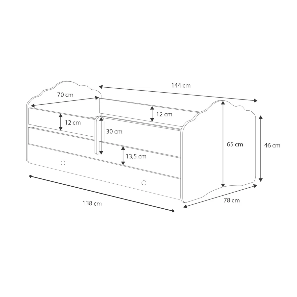 KOBI Fala Kinderbett mit Rausfallschutz | 140 x 70 cm | Kinderbetten mit Matratze Komplett Set | Einzelbett Kinder Bett | Mädchen Junge | Modern Weiss Kids Bed Children