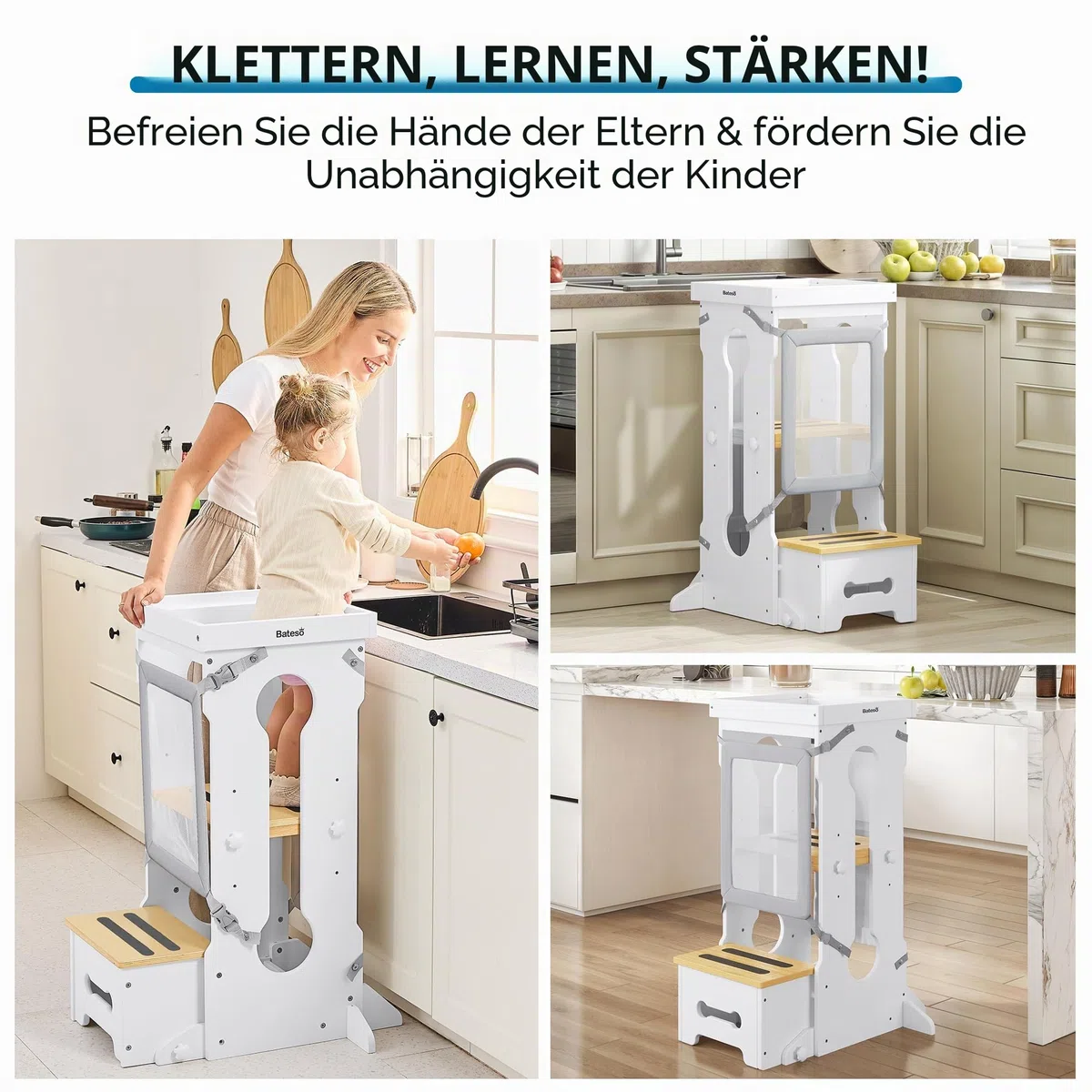 Bateso Holz Lernturm für Kinder mit 2 Abnehmbaren Schutznetzen, 4 Höhenverstellbarer Küchenhocker mit Rutschfesten Matten, Tritthocker für Kleinkinder 1-3, Kleinkind-Tritthocker für Küchentheke - Weiß