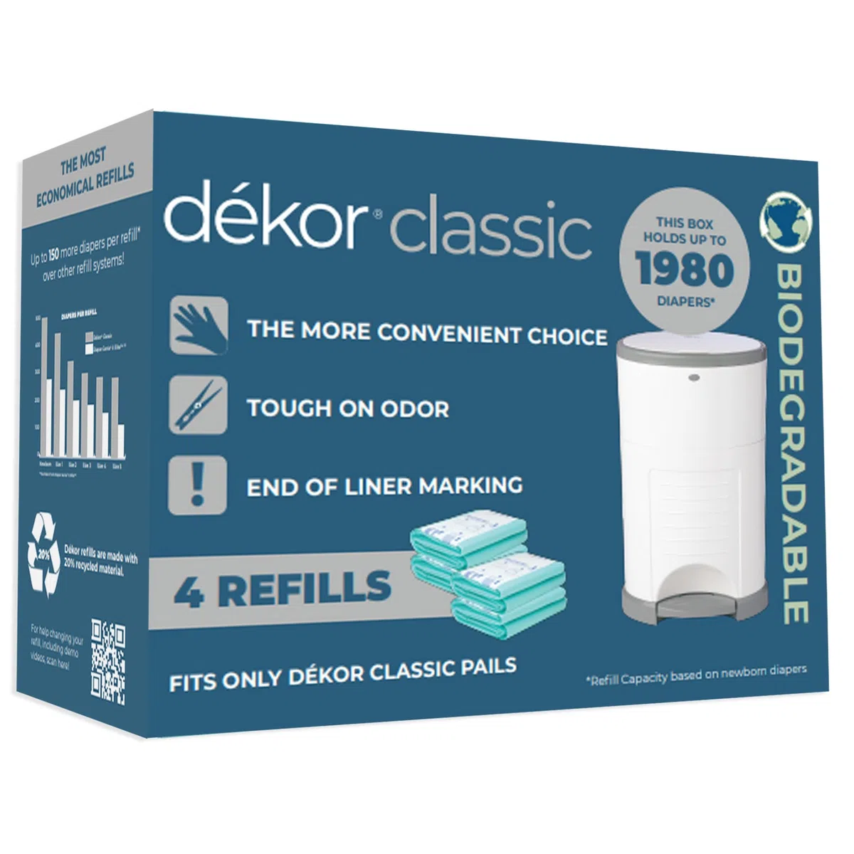 Diaper Dekor Classic Windeleimer Nachfüllpackungen, biologisch abbaubar, 4 Stück