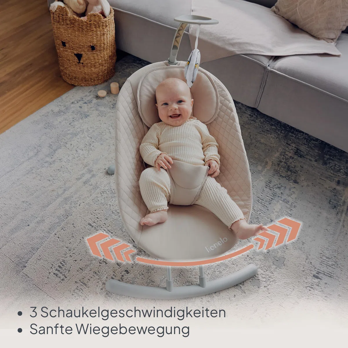 LIONELO RIO Elektrische Babywippe für Kleinkinder bis zu 9 kg | Verstellbare Rückenlehne 3 Wiegegeschwindigkeiten, Polster Sitzgurte Melodien und Geräusche der Natur Leichtes Gewicht 3,5 kg