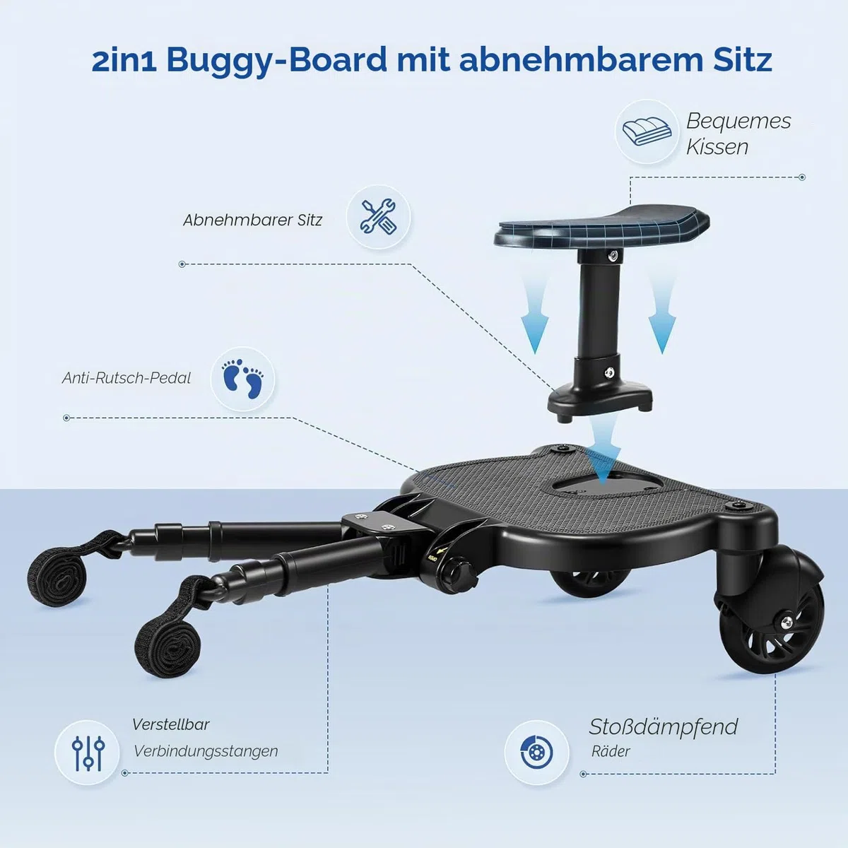 Buggy für Babys, Skate Kinderwagen, Universal, tragbar, Trittbrett für Kinderwagen, Kiddy Boards mit Aufhängegurt, Bretter mit Rollen für Babys von 2 bis 6 Jahren (25 kg)