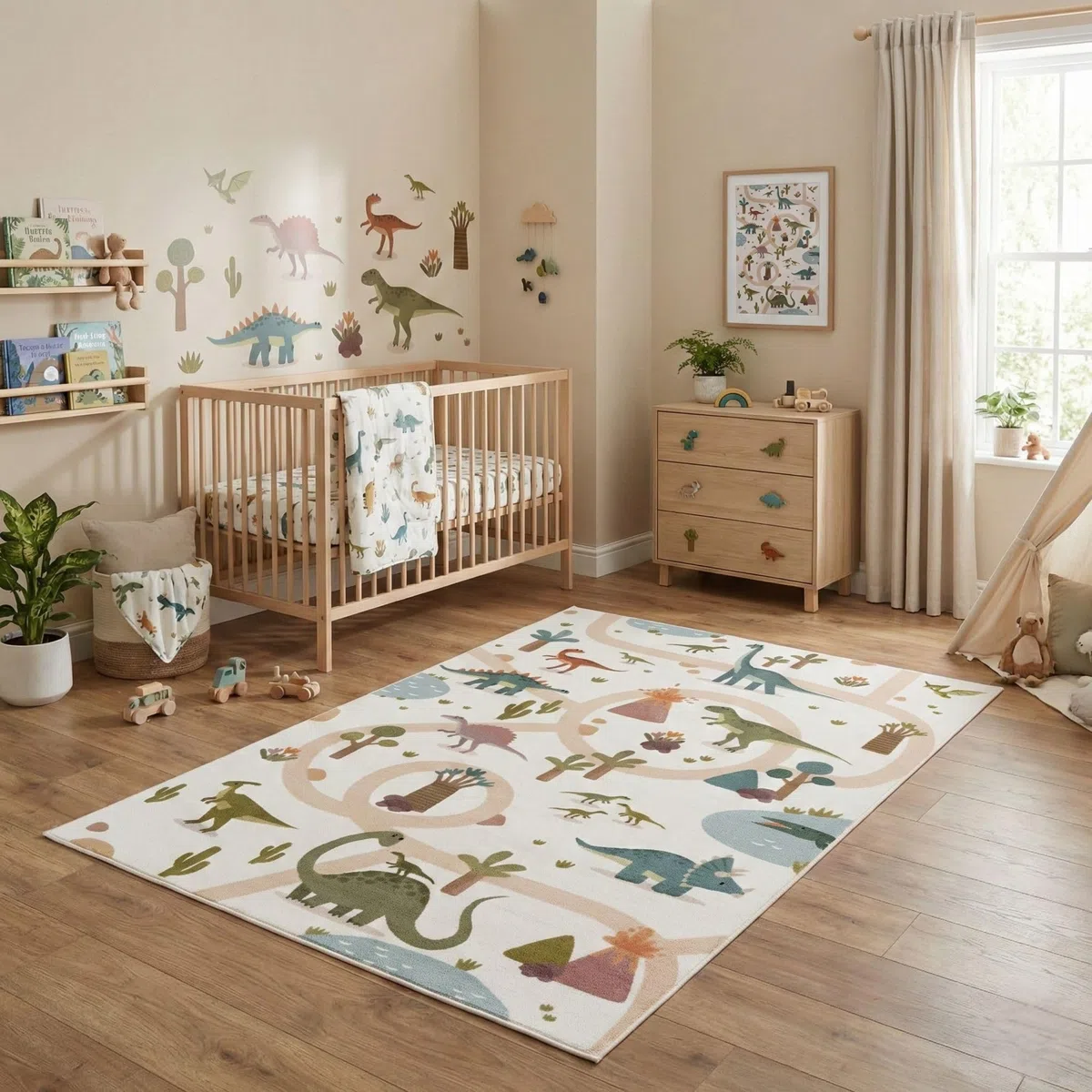 Carpetsale24 Kinderteppich Dinosaurier Spielteppich für Kinderzimmer in Creme Dino Motiv mit Straßen Größe 140x200 cm für großzügige Spielflächen
