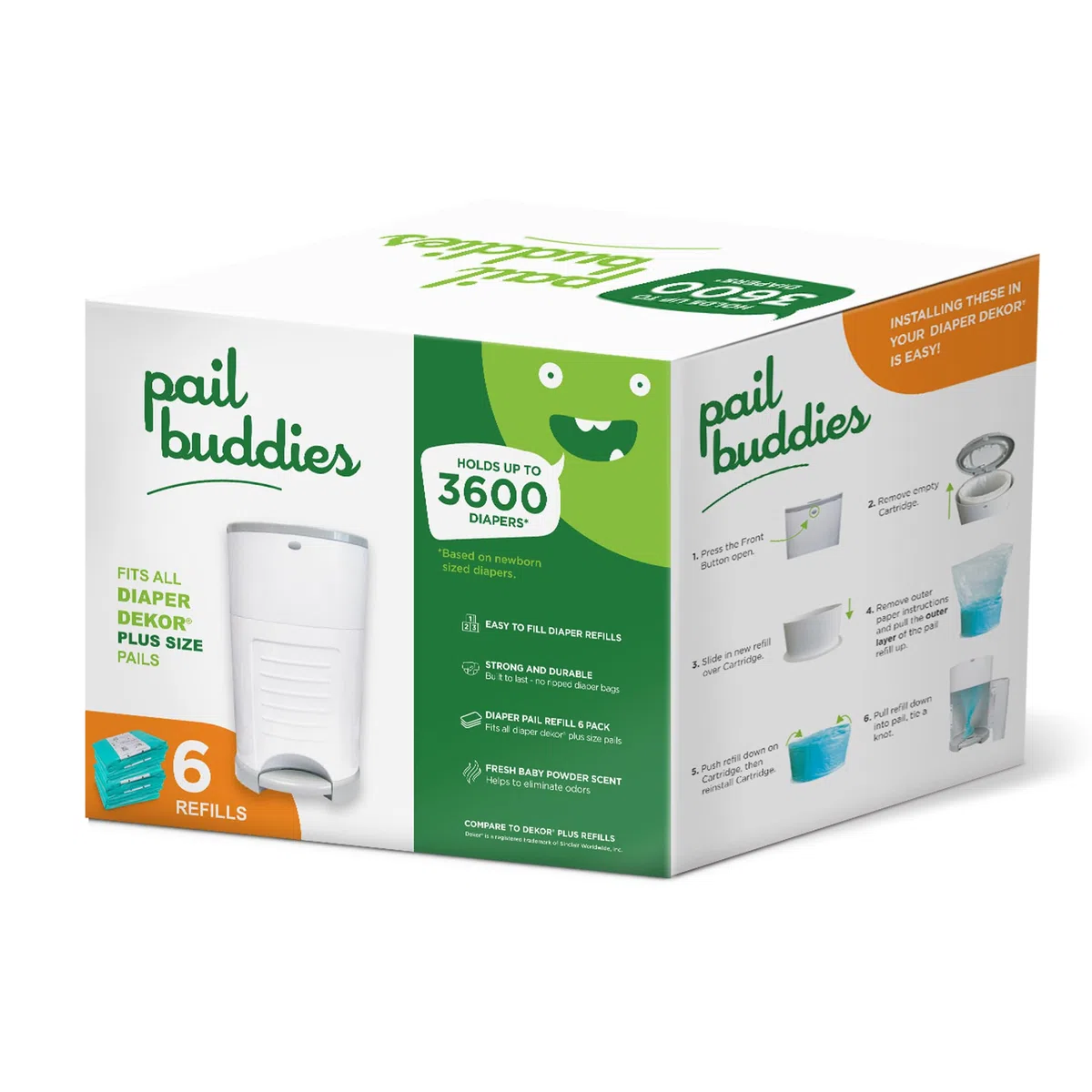 Pail Buddies Windeleimer-Nachfüllpackungen, kompatibel mit Dekor Plus Windeleimer, starke, langlebige Windeleimer-Nachfüllpackungen mit frischem Babypuderduft, 6 Stück