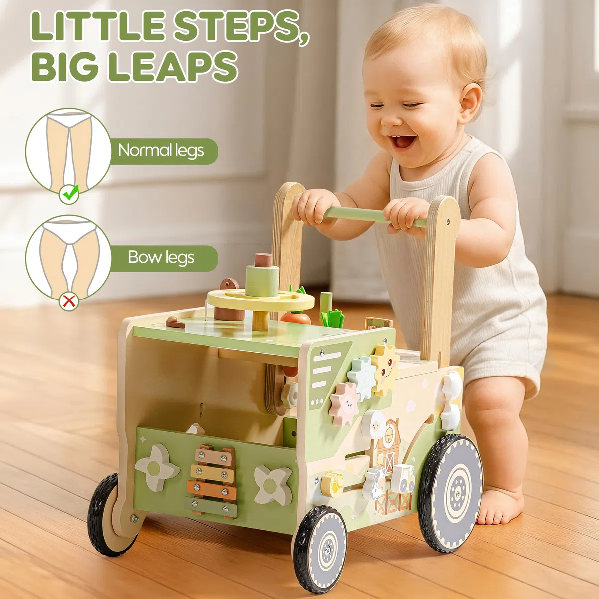 ROBUD Lauflernhilfe Holz, Lauflernwagen im Bauernhof-Thema mit Rädern, Motorikspielzeug Lernspielzeug für Mädchen Jungen, Geschenke für Babys ab 10 Monate (Geschwindigkeit & Höhe Einstellbar)