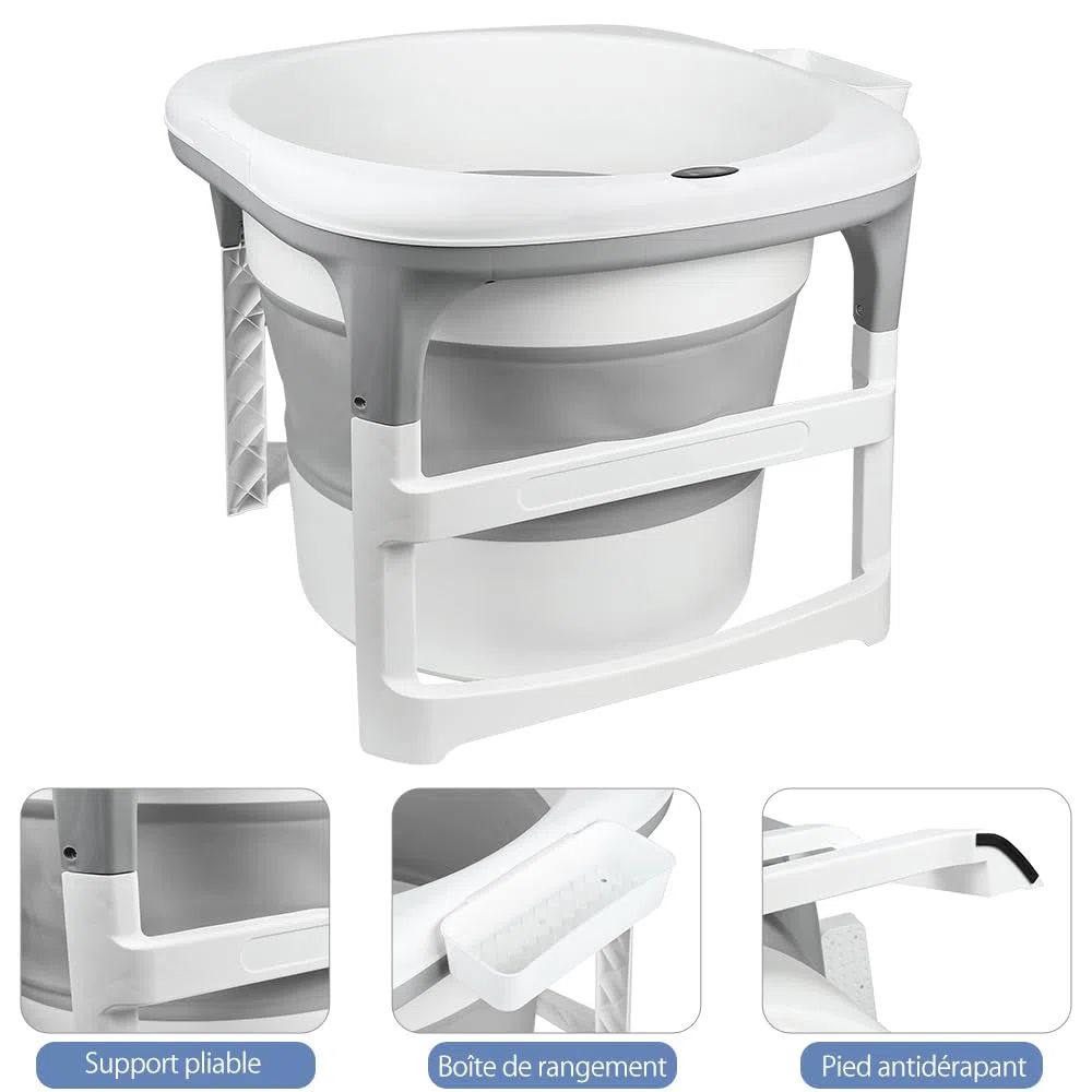 Große faltbare Badewanne für Babys bis 18 kg, XXL-Babydusche, rutschfeste Füße, Ablaufstopfen, Kapazität 200 l (grau, rund, 67 x 67 x 61 cm)