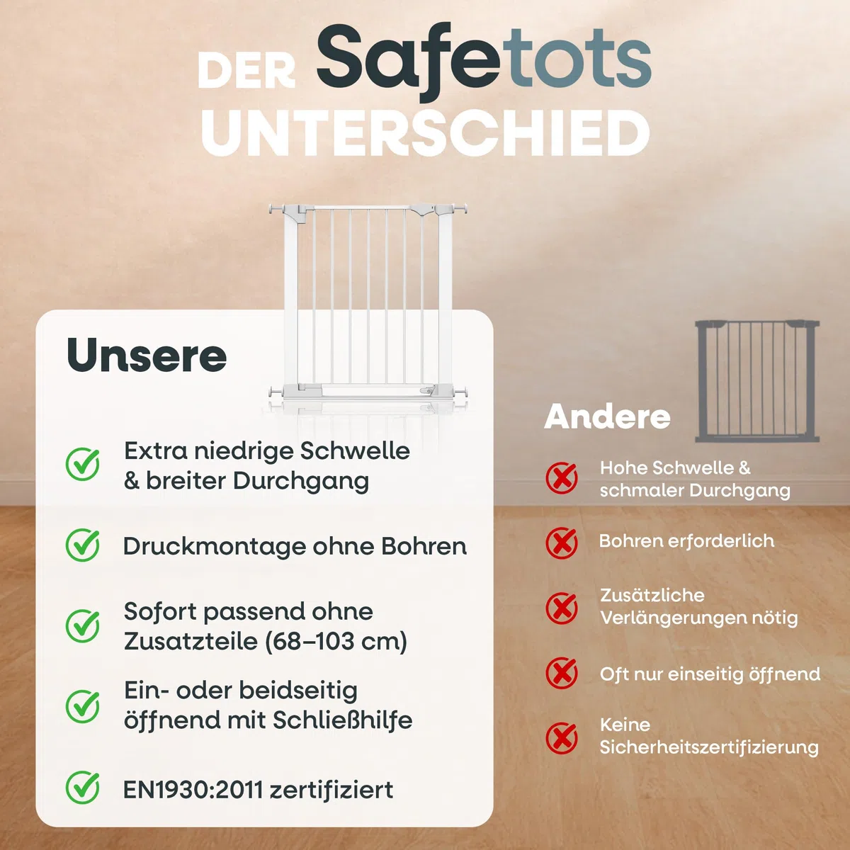 Safetots SafeStep Treppenschutzgitter ohne Bohren Weiß – Maximale Sicherheit für Babys & Haustiere – Visuelle Schließkontrolle – Beidseitig öffnend – Komfortables Tür- & Treppengitter 68cm - 75cm