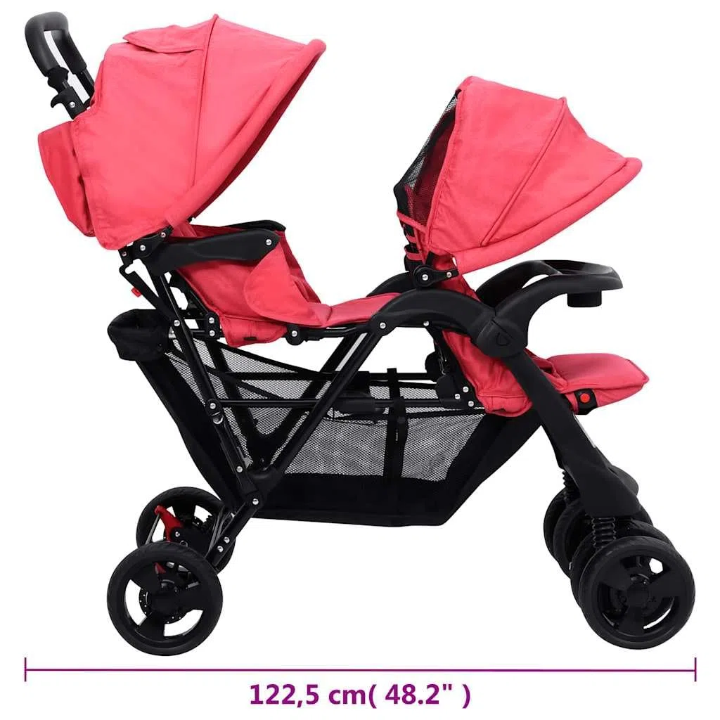 vidaXL Geschwisterwagen Klappbares Design Zwillingswagen Kinderwagen Baby Kinder Buggy Zwillingsbuggy Kinderbuggy Reisebuggy Rot Stahl