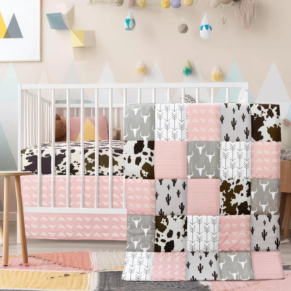 Hahafelt 3-teiliges Patchwork-Bettwäsche-Set für Jungen und Mädchen, Kuh-Kaktus-Druck, Baby-Bettwäsche, Barnyf, Western-Kinderzimmer, Dekoration, weiches Baby-Bettwäsche-Set mit Steppdecke