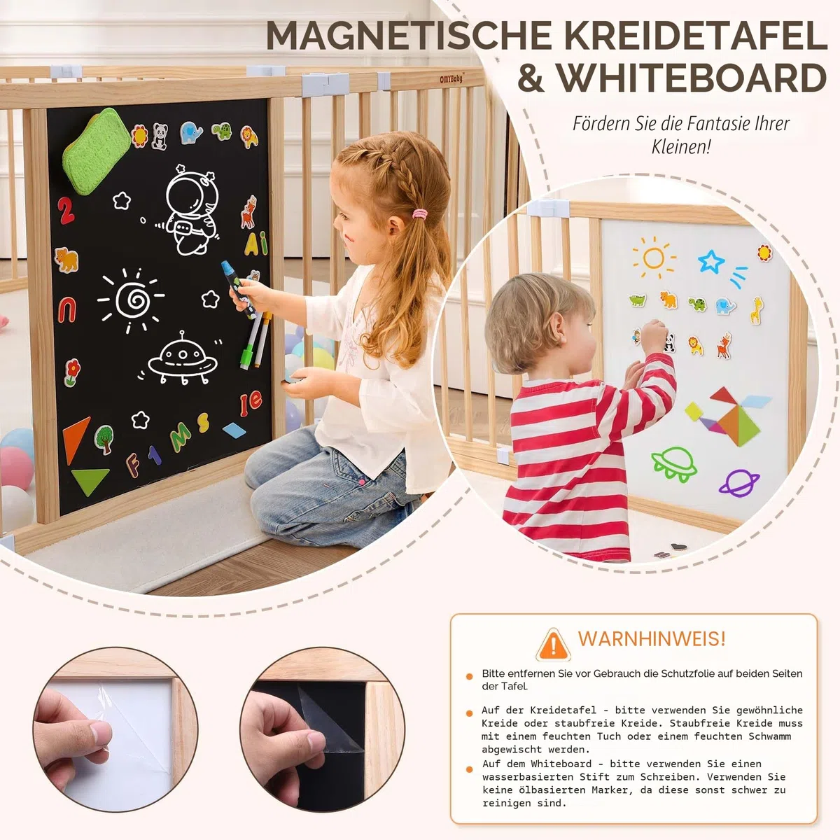 All-in-One Baby Laufstall aus Holz mit Tür – 8 Paneele (163 x 163 x 66 cm), faltbarer & erweiterbarer Laufgitter Baby, höhenverstellbarer Playpen mit Tafel & Montessori Board | baby zaun