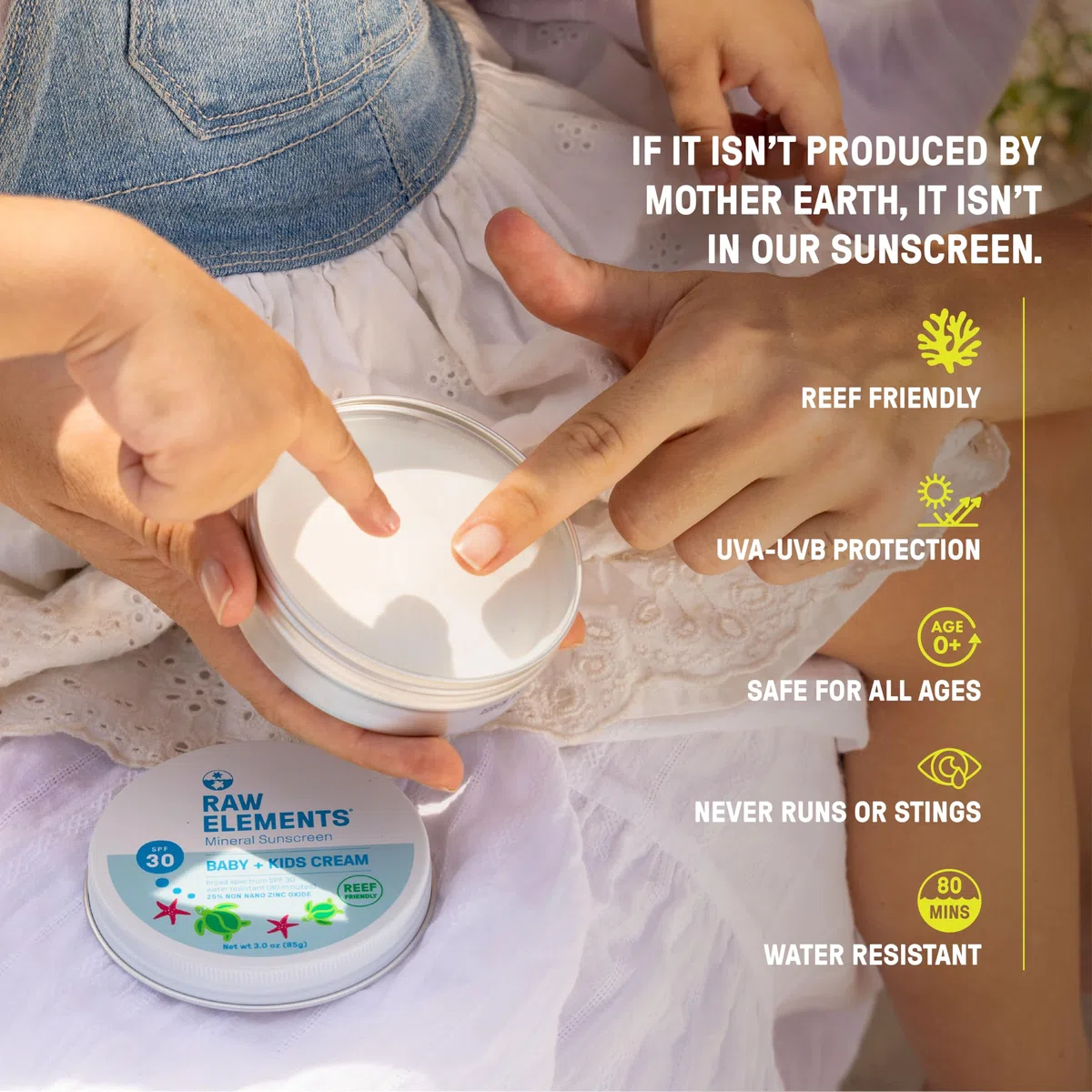 Raw Elements Baby + Kids LSF 30 Bio-Sonnencreme Lotion ohne Nano-Zinkoxid, griffsicher, tierversuchsfrei, sanft und feuchtigkeitsspendend, Zero Waste Dose, 85 ml | Nicht-Nano-Zinkoxid mit riffsicherer Formel, Zero-Waste Tube und Wasserbeständigkeit für de