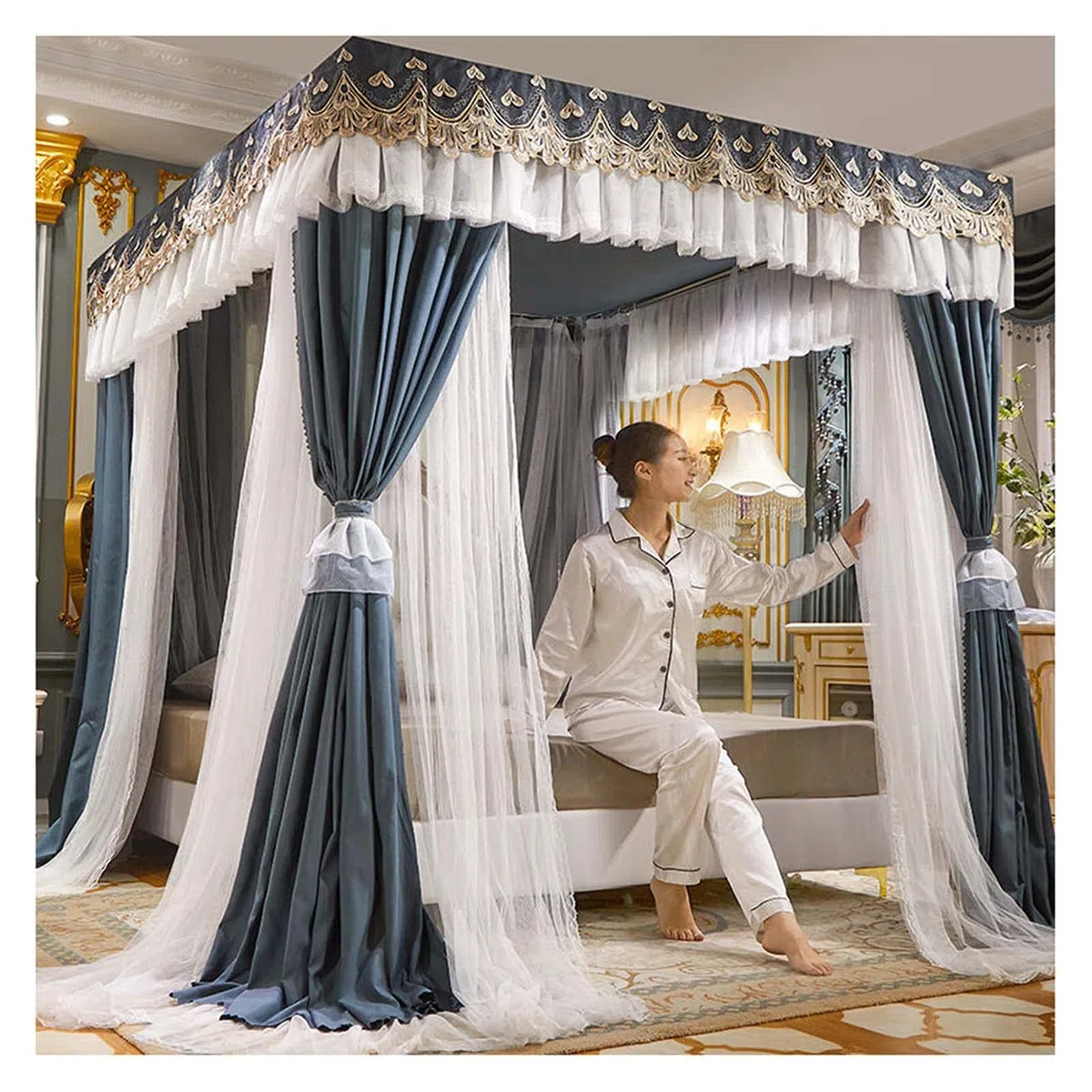 Bettvorhang Vier Poster Betthimmel Netz Doppellagige Prinzessin Vorhänge Baldachin für Mädchen Einzel/King Size Bett mit Rahmen, 150 × 200 × 200 cm