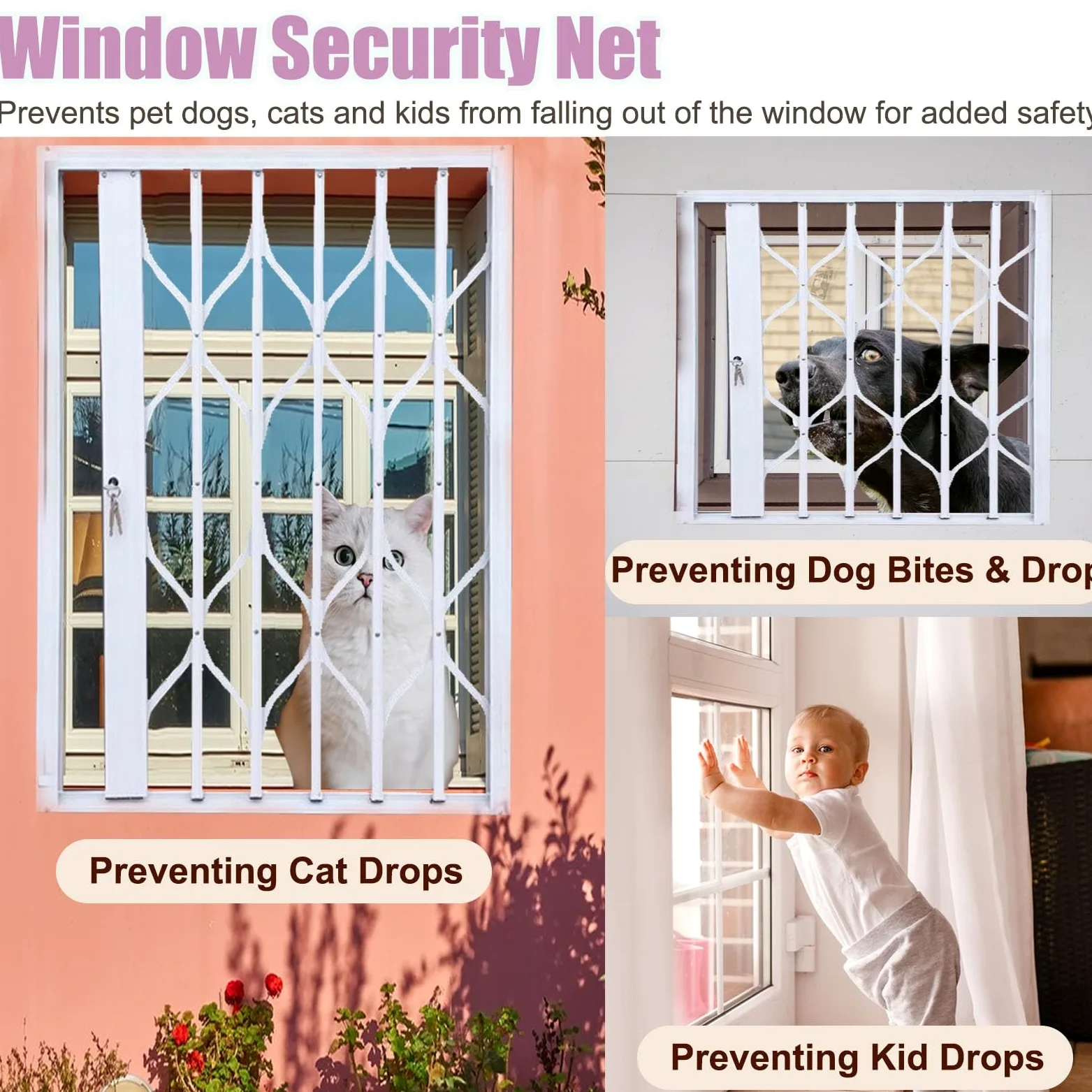 Fensterschutz für Kinder, Hurrikanbeständig, zusammenklappbares Netz aus Aluminiumlegierung, mit Schlössern, weißer Fensterzaun für Kinder (50 cm x 170 cm)