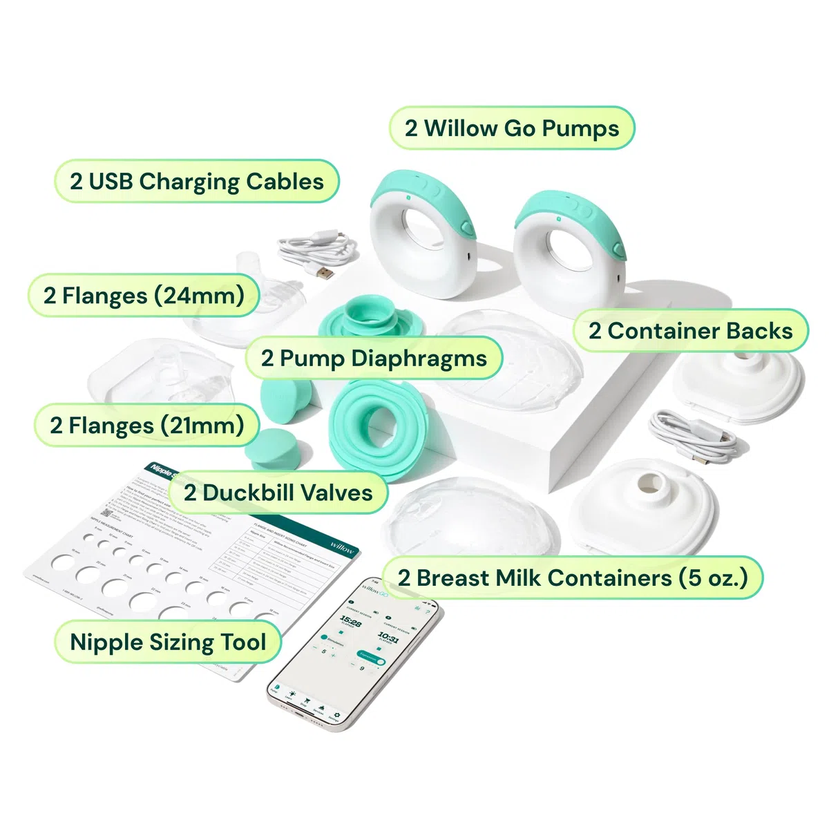 Willow Go Tragbare Milchpumpe, freihändige doppelte elektrische Milchpumpe, kabelloses In-Bra-Design mit 15 Saugstufen in Krankenhausqualität, inklusive 24 mm und 21 mm Flanschen und 142 g