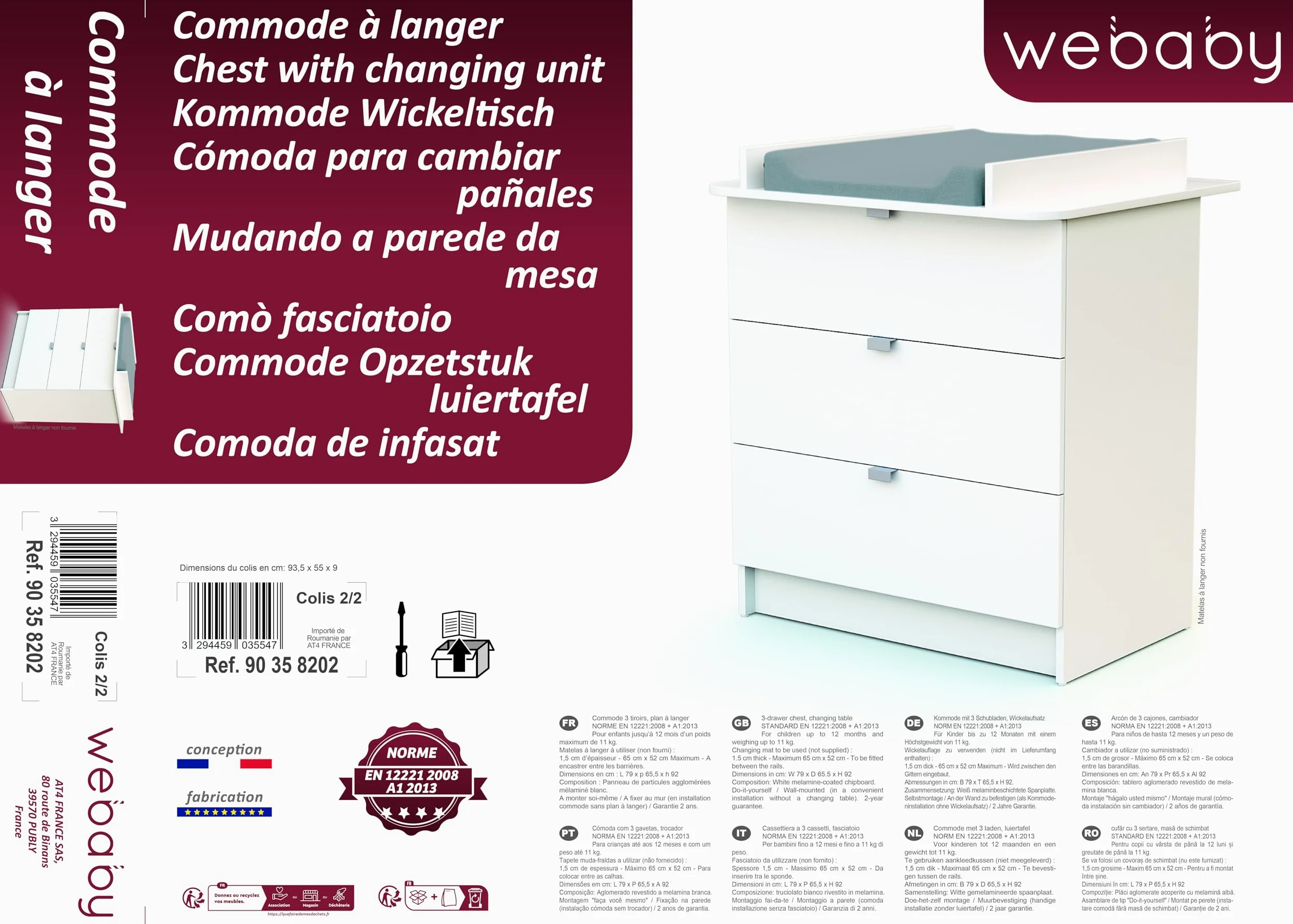 WEBABY - Wickelkommode White Panda ALBA | 3 Schubladen | 79 x 65 x 92 cm | Abnehmbarer Wickeltisch inklusive