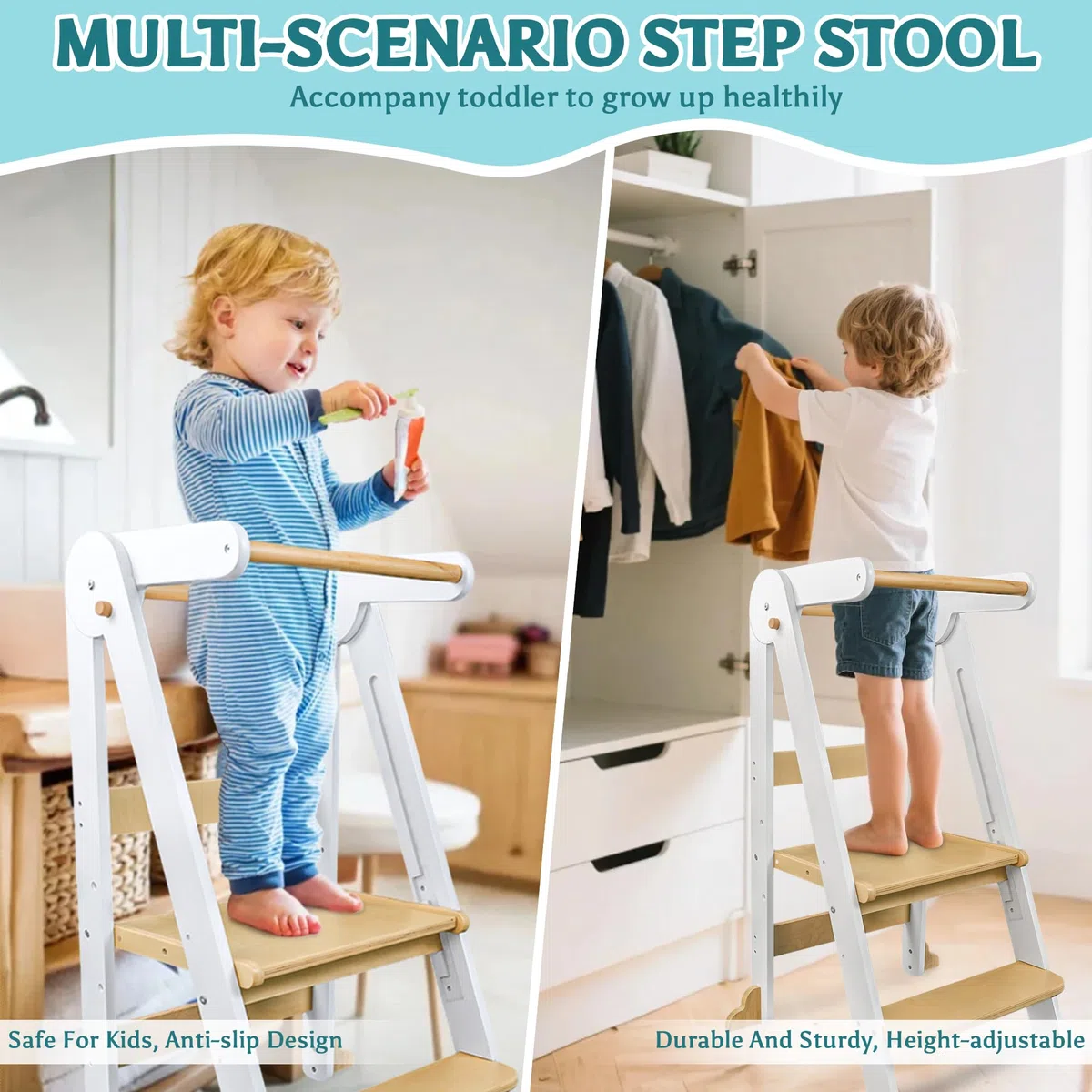 Lernturm Klappbar ab 1 Jahr, 3-stufig Höhenverstellbar Holz Kinder lernturm | Montessori Tritthocker Kinder, Mit Sicherheitsbarriere, Kippschutz, Learning Tower für Küche, Badezimmer, Waschbecken (Weiß)