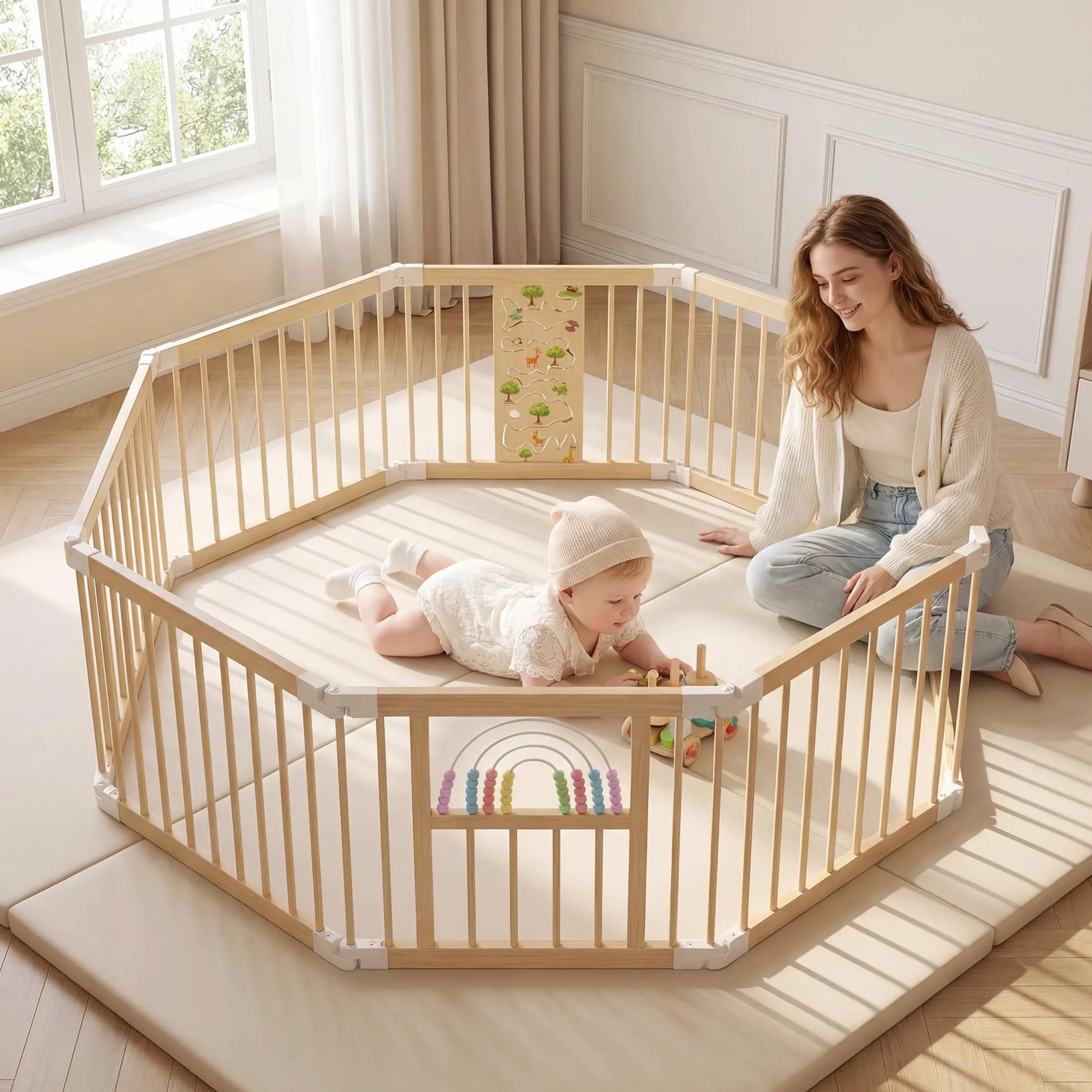 BLEKOO Laufstall Baby Holz mit Spielcenter – 140 x 140 cm Laufstall Baby Faltbar | Verstellbarer Holzlaufstall mit Spielzeug & Tor (8-teilig)
