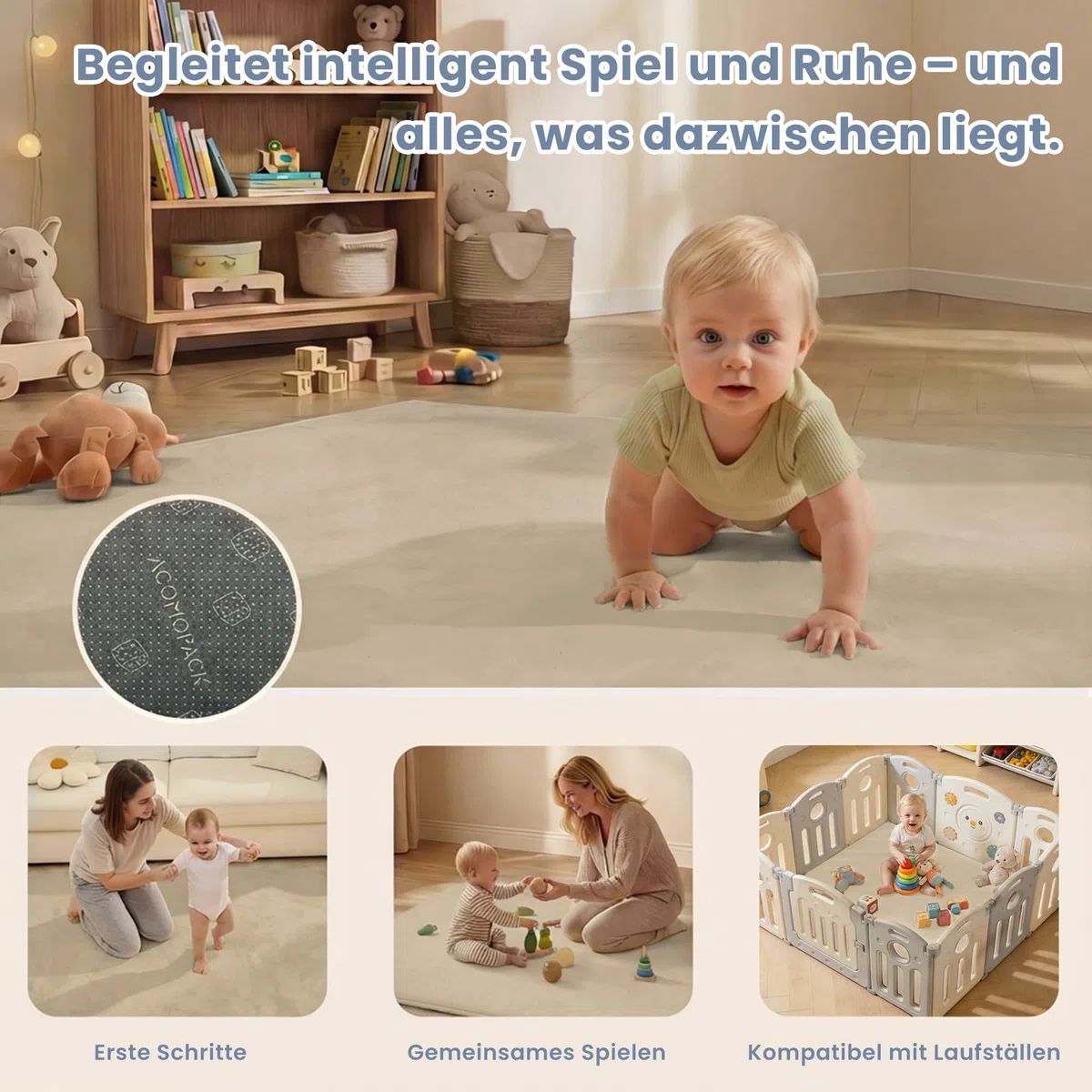ACOMOPACK Baby Spielmatte, 3cm dick großer rutschfester Kinderteppich,Memory-Schaumstoff samtweiche Krabbelmatte für Bauchlage (Khaki, 150 x 180 cm)