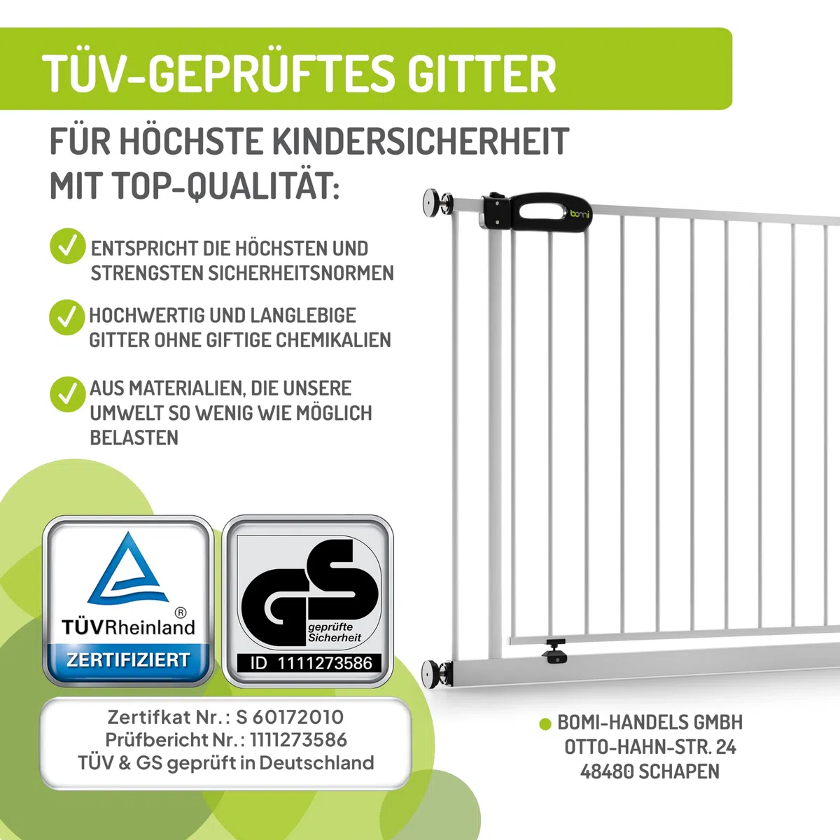 BOMI TÜV GS Siegel Treppengitter für Kinder Merle | Zum Klemmen | 90 Stop | Schließt automatisch | Kinderschutzgitter Weiss öffnet in beide Richtungen | Tür- & Treppenschutzgitter | Breite 145-153 cm