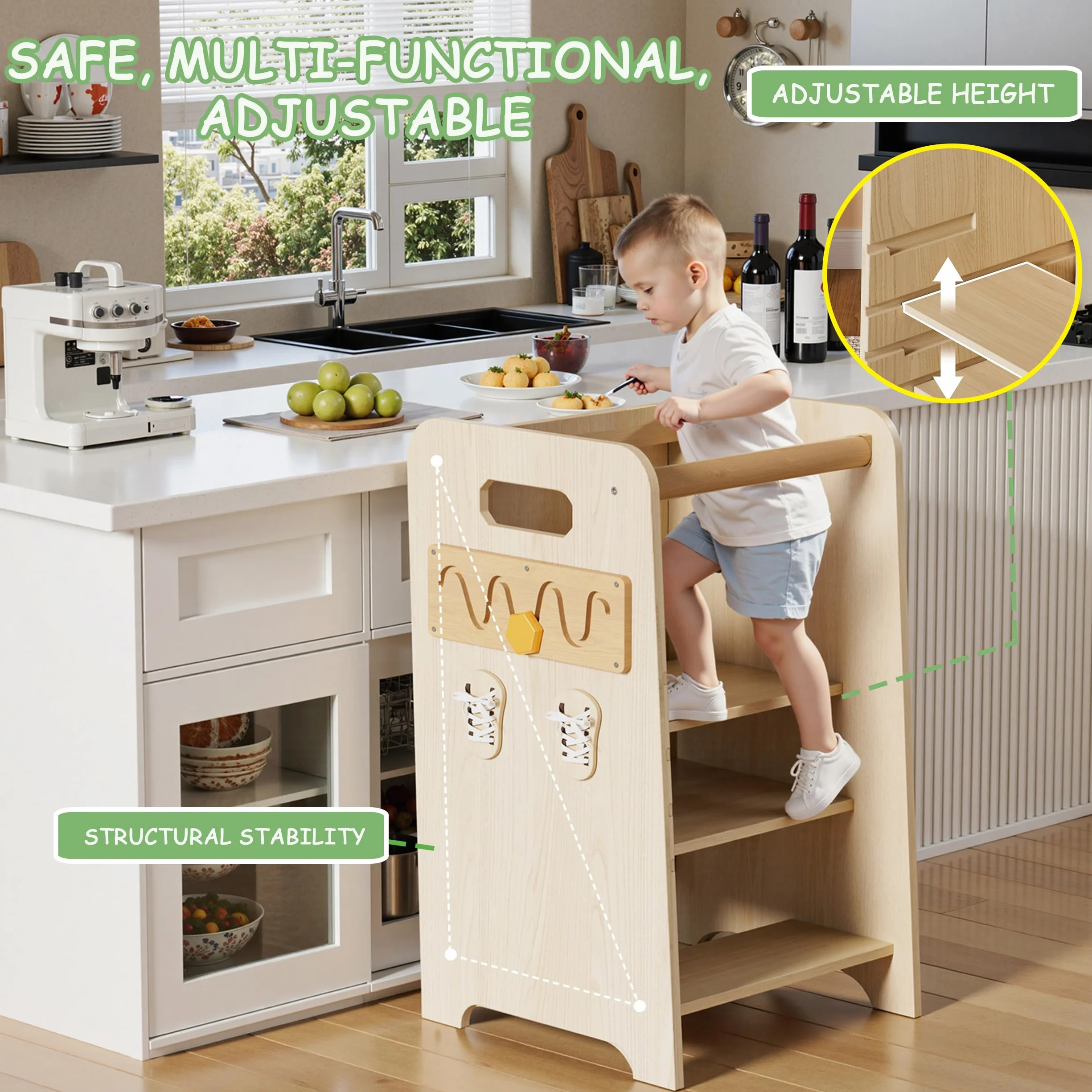 Montessori Lernturm ab 1 Jahr 4-in-1 Trittleiter Holz mit Tafel & Schiebeleiter 4-Fach Höhenverstellbarer Learning Tower Küchenhelfer Tritthocker Kinder Kippsicher Montessori-Lernstuhl für Küche & Bad