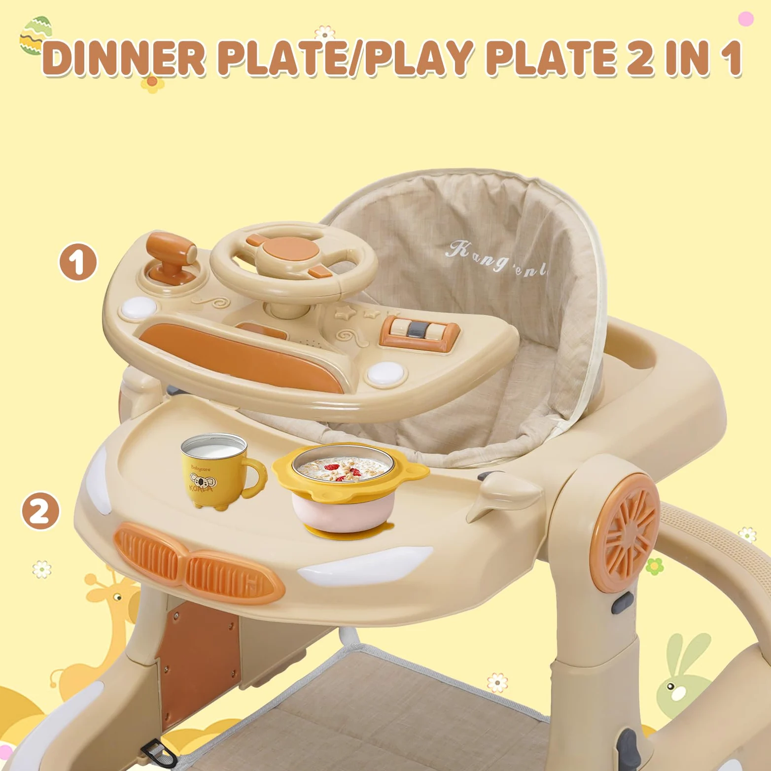 4 in 1 Lauflernhilfe, Baby Walker Höhenverstellbar, Gehhilfe mit Esstablett, Spielcenter, Bodenmatte und Bremse, Anti-Collision Design, Faltbarer Lauflernwagen Baby ab 6 9 18 Monate