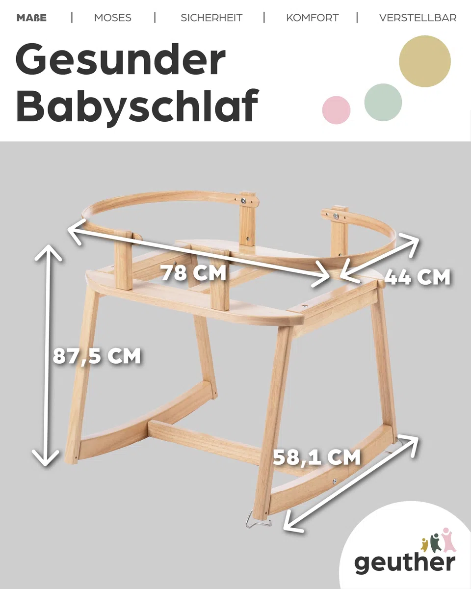 Geuther Untergestell für Moseskorb Baby | Stubenwagen mit Schaukelfunktion für Geuther Babynestchen, Baby Beistellbett | aus nachhaltigem & massivem Gummibaumholz, Baby Bett Gestell, naturfarben