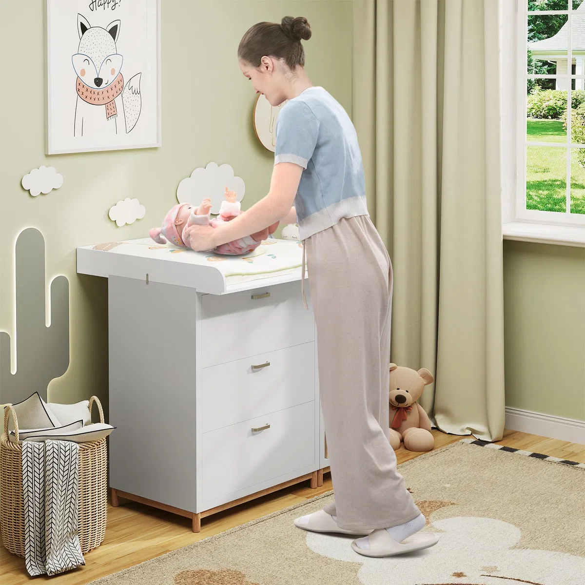 WOLTU Wickelaufsatz für Wickelkommode, Wickeltischaufsatz 70 x 10 x 80 cm, passend für Tiefe 47,5–50 cm, mit Metallschnallen und Anti-Kipp-Gurt zur Wandbefestigung, Weiß
