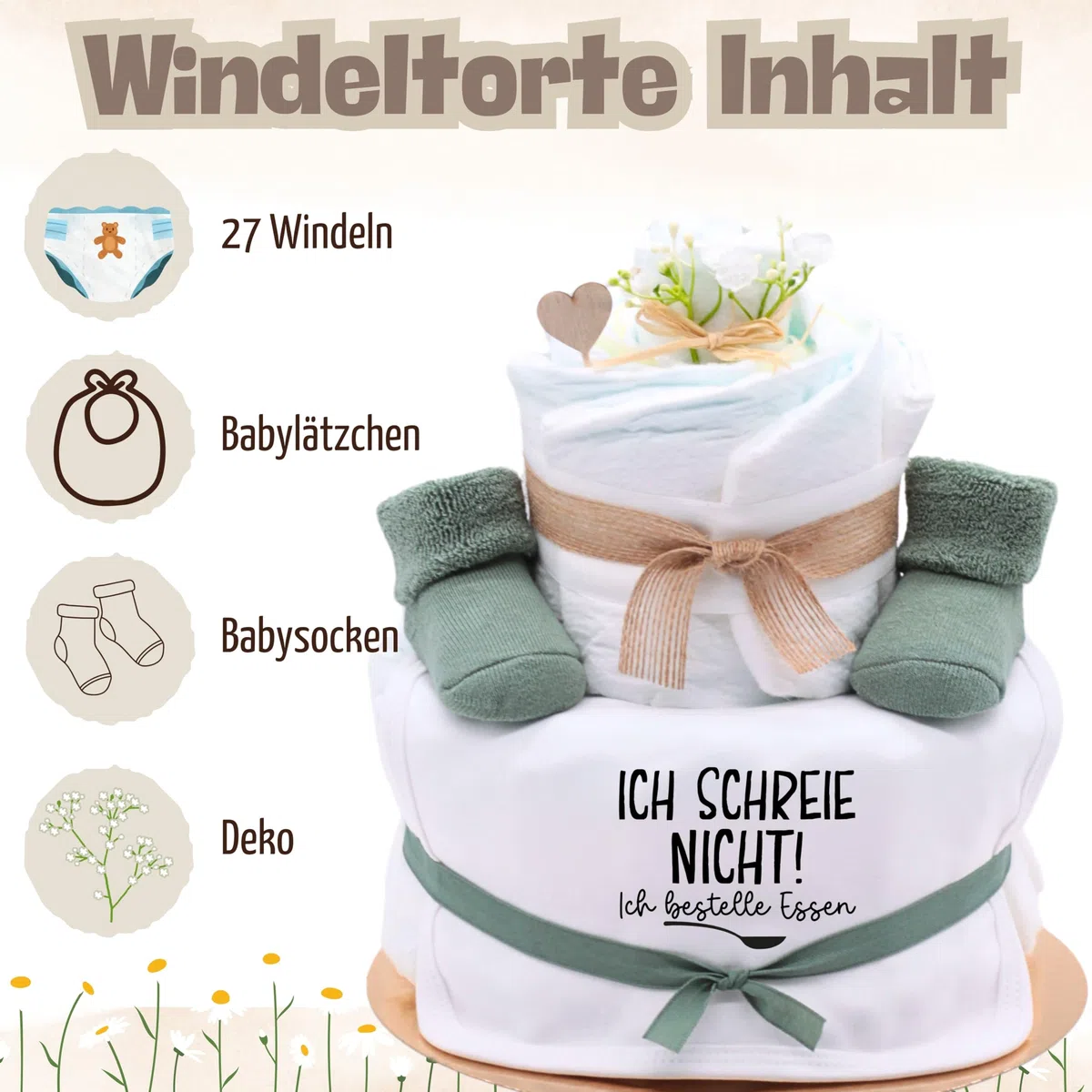 Trend Mama | Windeltorte | Nature Design green | Spruch wählbar | Lätzchen, Kuschelsocken |Geschenk Geburt (Design Ich schreie nicht, ich bestelle Essen)