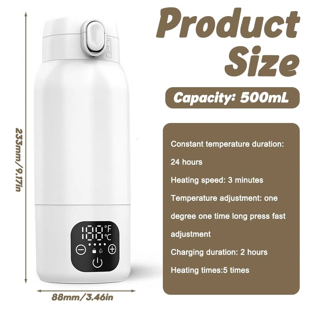 Flaschenwärmer Baby Unterwegs, 500ml Tragbarer Baby Flaschenwärmer mit 11000mAh Schnelles Aufheizen Babyflaschen Wärmer mit LCD-Display Milchwärmer Baby für Muttermilch, Wasser, 35-70℃ Einstellbar