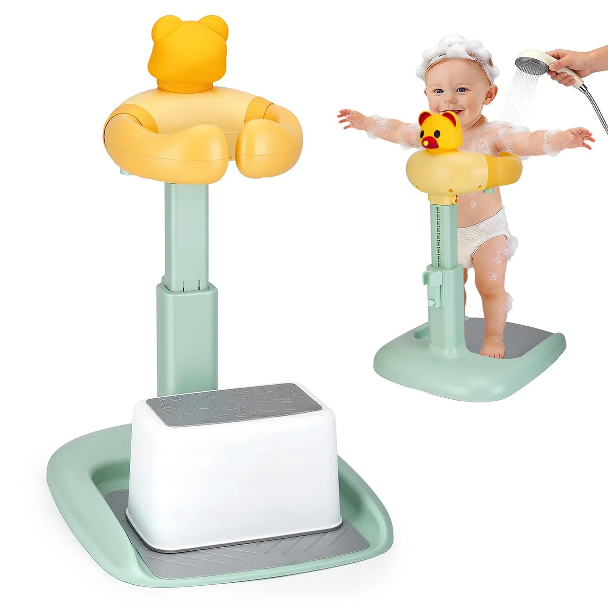 Baby Duschständer mit Sitz, Höhen- & Breitenverstellbar, Antirutsch, 6–36M | ABS ohne BPA, 47–62cm höhenverstellbar, 17–27cm Armlehnen, rutschfest, Sitz & Hocker, mit Duschhalter, für Bad & Pflege