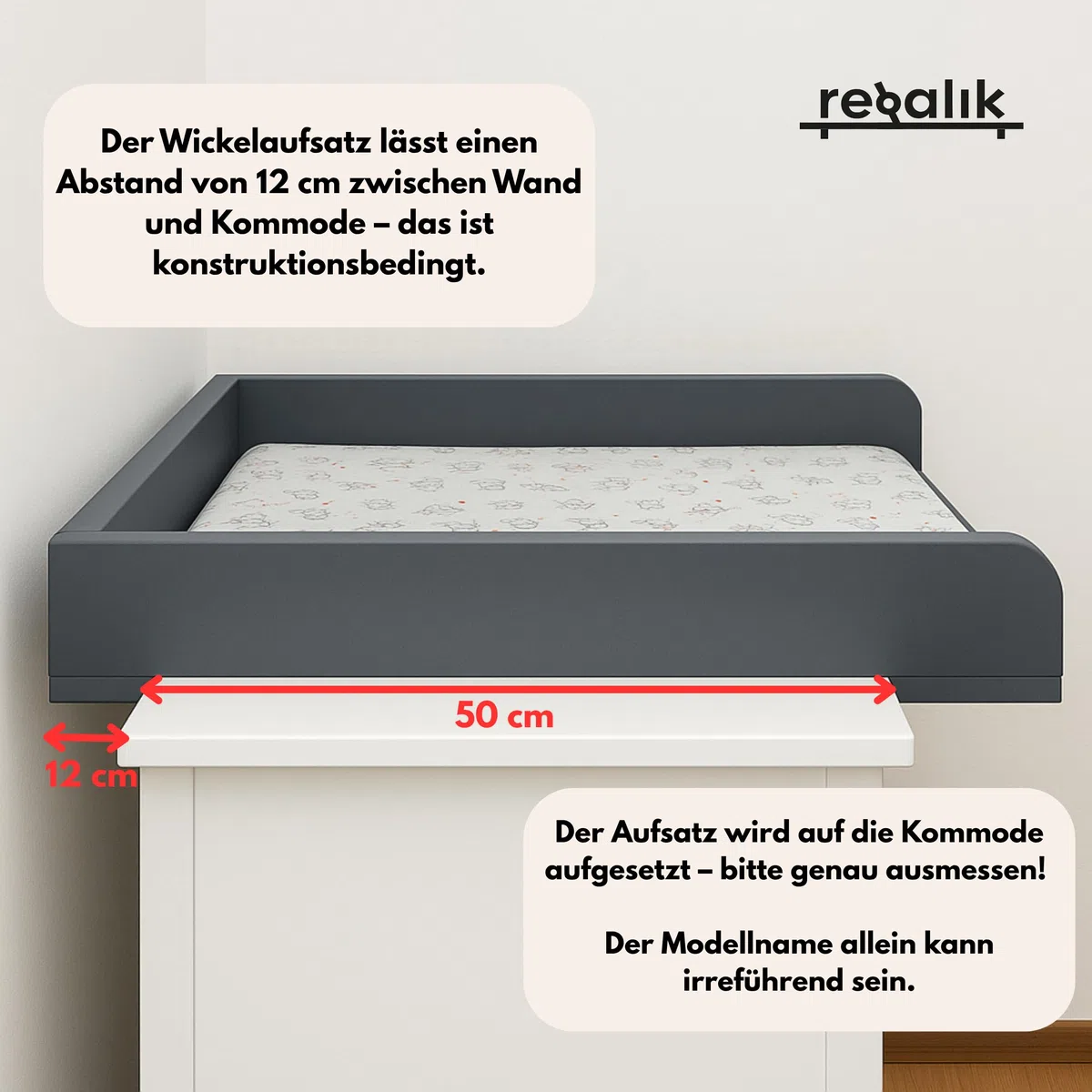 Wickelaufsatz für Hemnes von IKEA, Wickeltischaufsatz für 50 cm Kommoden, Abnehmbar Wickelkommode aufsatz, Abgerundeten Frontplatten, Weiß, 72cm x 54cm