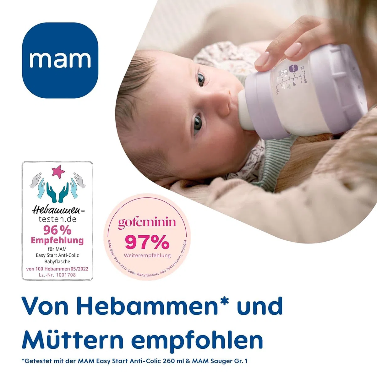 MAM EasyStart Anti-Colic Babyflaschen Set, Bodenventil gegen Koliken, mitwachsend, selbst-sterilisierend, Farbe: blau-creme