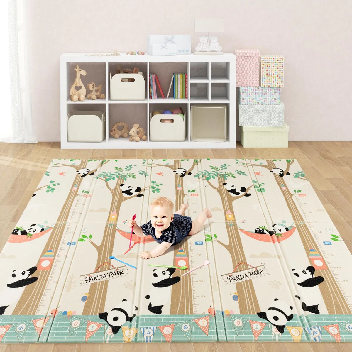 GOPLUS Baby Spielmatte doppelseitig, Krabbelnmatte faltbar, wasserabweisende und rutschfeste Spielmatte, aus ungiftig XPE, Babymatte für Innen- oder Außenbereich, Farbwahl, 200 x 180 x 1,4cm (Panda)