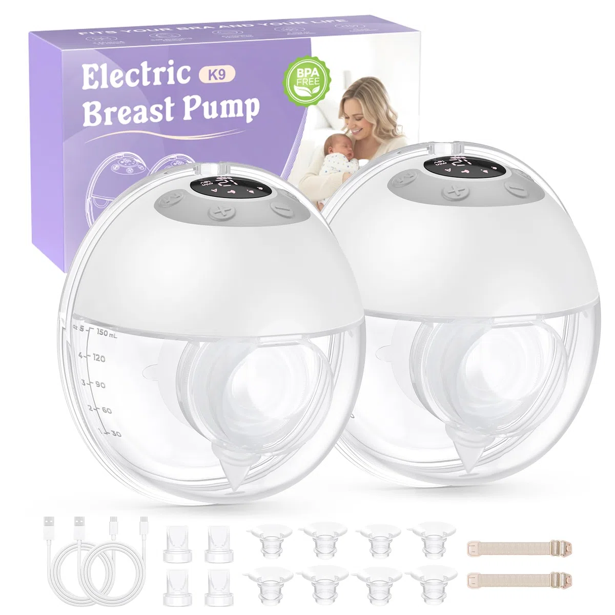 Haokoo Milchpumpe Elektrisch Freihändig für Stillende Mütter, Tragbare Elektrische Milchpumpe für Anfängerinnen, Auslaufsicher, mit 17/19/21/24/27 mm Flanschen, 4 Modi & 12 Stufen, Weiß, 2 Stück