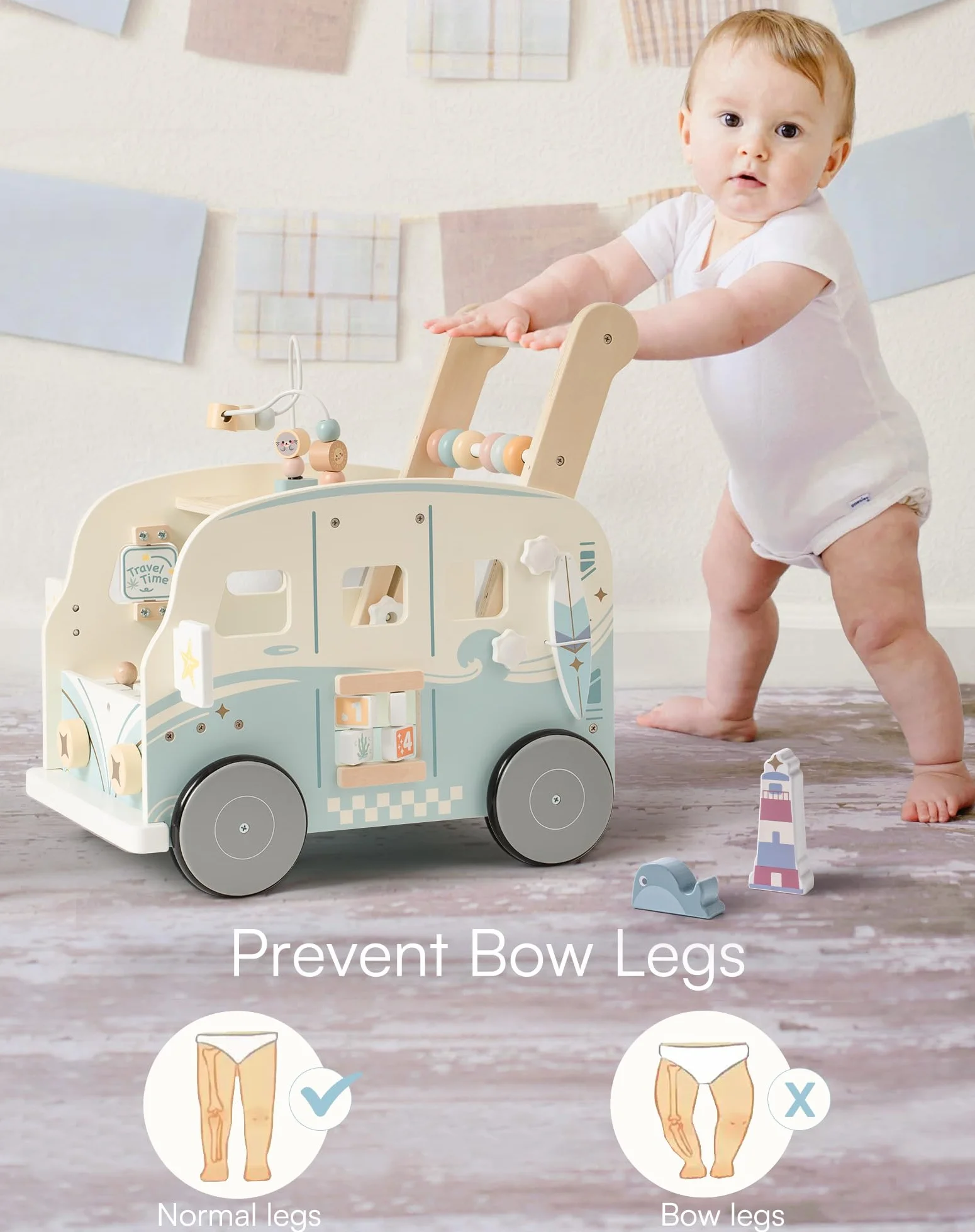 ROBUD Lauflernwagen Holz, Multifunktion Baby Lauflernhilfe mit & Rädern & Bauklötzen Spielgeräte Aktivitätszentrum Set, Baby Walker Spielzeug Geschenk für Kleinekinder Kinder 10 Monate - 1-2 Jahre