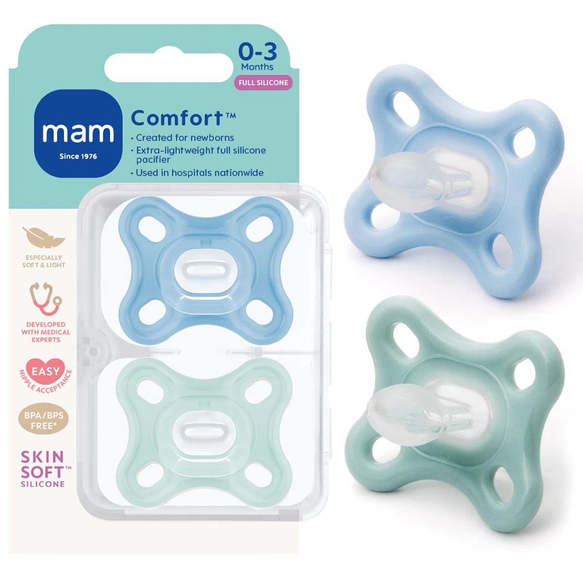 MAM Comfort Baby Schnuller, 100% leichtes Silikon, Sterilisator-Hülle, 0-3 Monate, 2 Stück