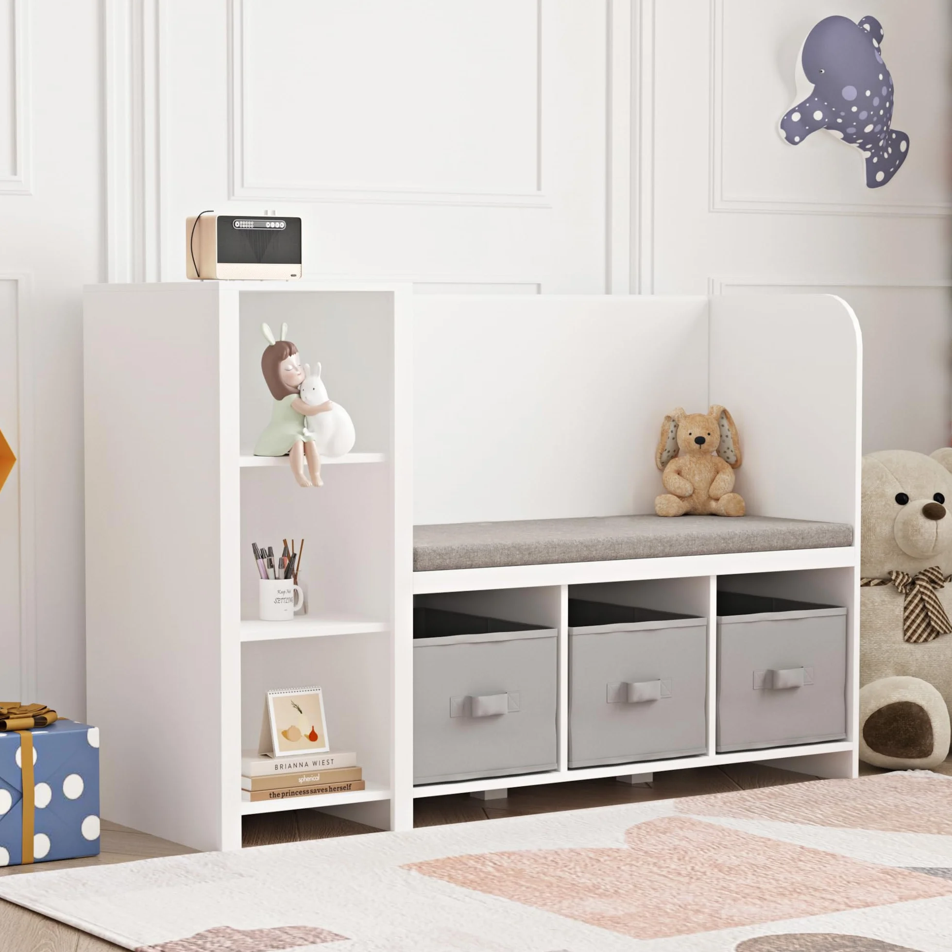 Kindersitzbank mit Regal Høylandet Sitzbank mit Stauraum 76 x 112 x 40 cm Weiß/Grau