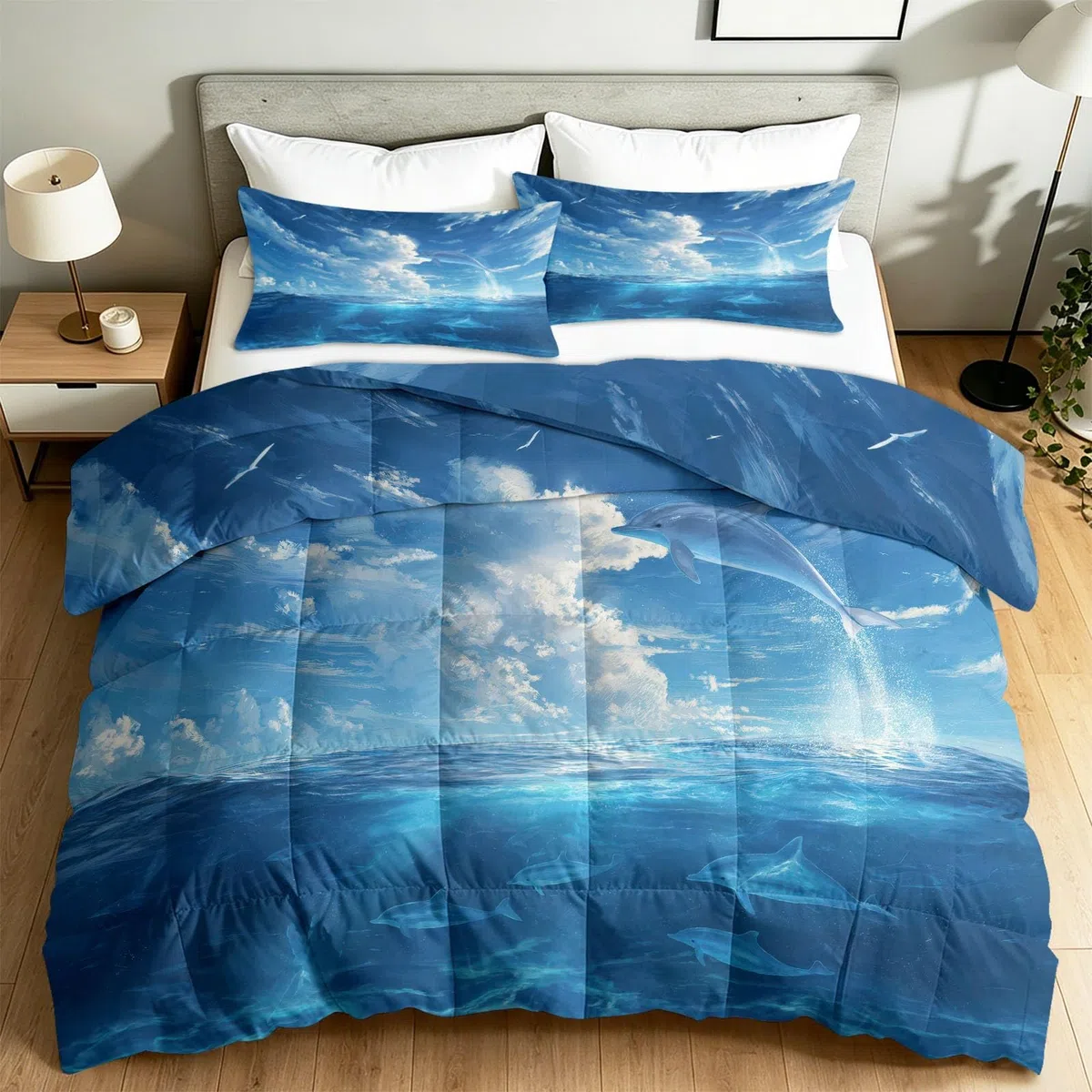 Bettdecke 200x220 cm Mikrofaser Steppdecke mit 2 Kissenbezügen Blau Delfin Motiv Atmungsaktiv Schlafdecke