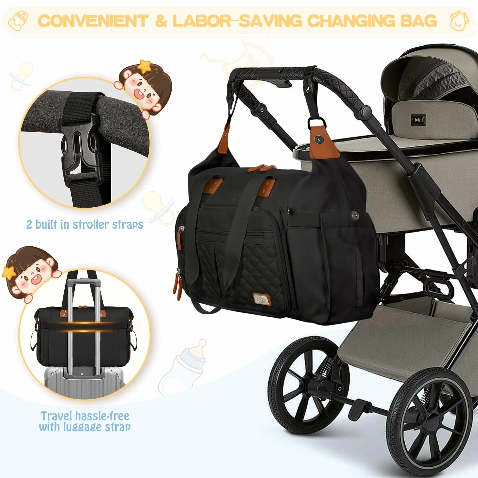 RAINSMORE Baby Wickeltasche Groß mit Schnullertasche und Wickelunterlage Multifunktions Babytasche Reisewindeltasche für Mama und Papa Schwarz