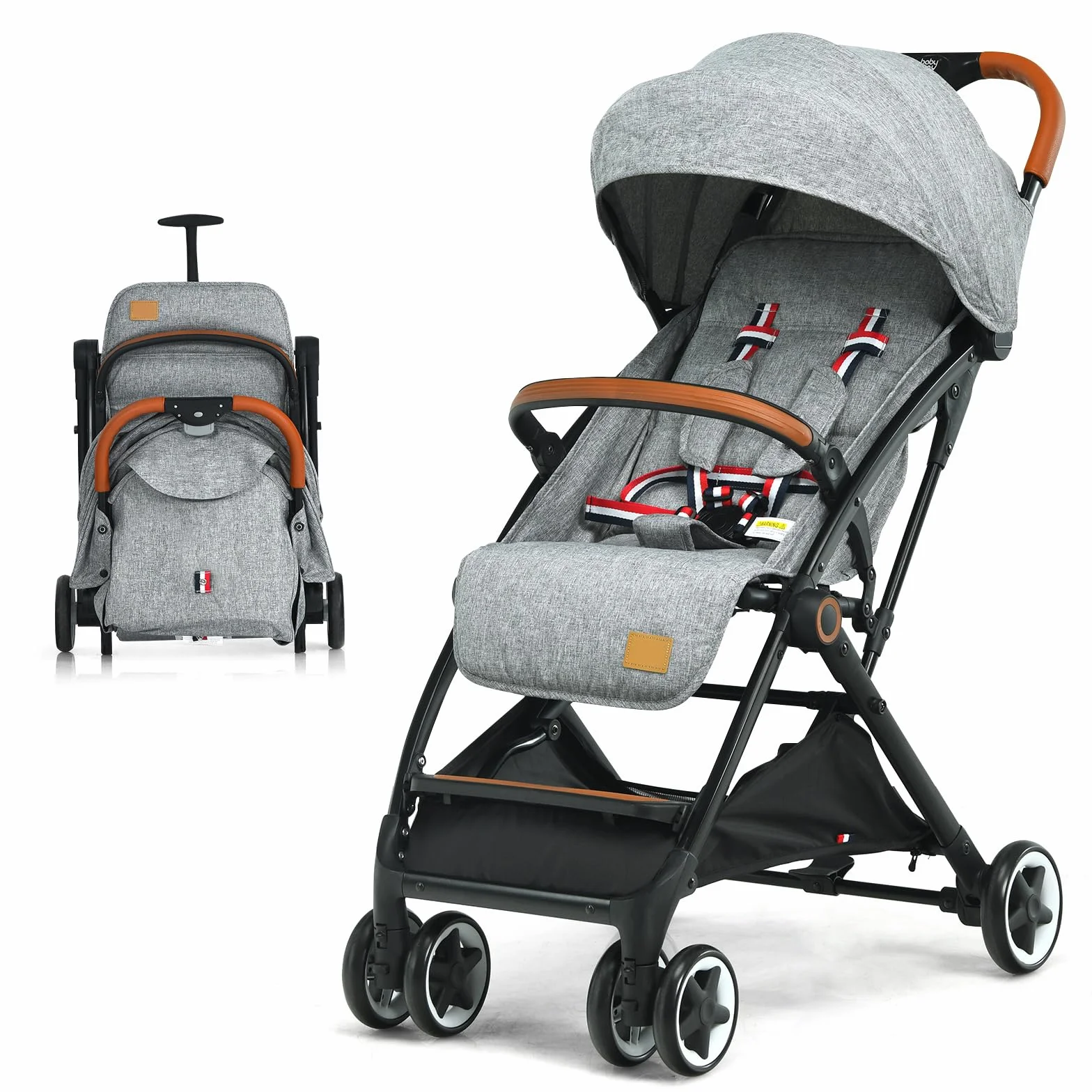 COSTWAY Kinderwagen Einhand Faltbar, Kinderbuggy mit verstellbare Rückenlehne & Verdeck, Reisebuggy mit Liegefunktion, Sicherheitsgurt für Baby bis 3 Jahren, 15 kg Belastbar (Grau)