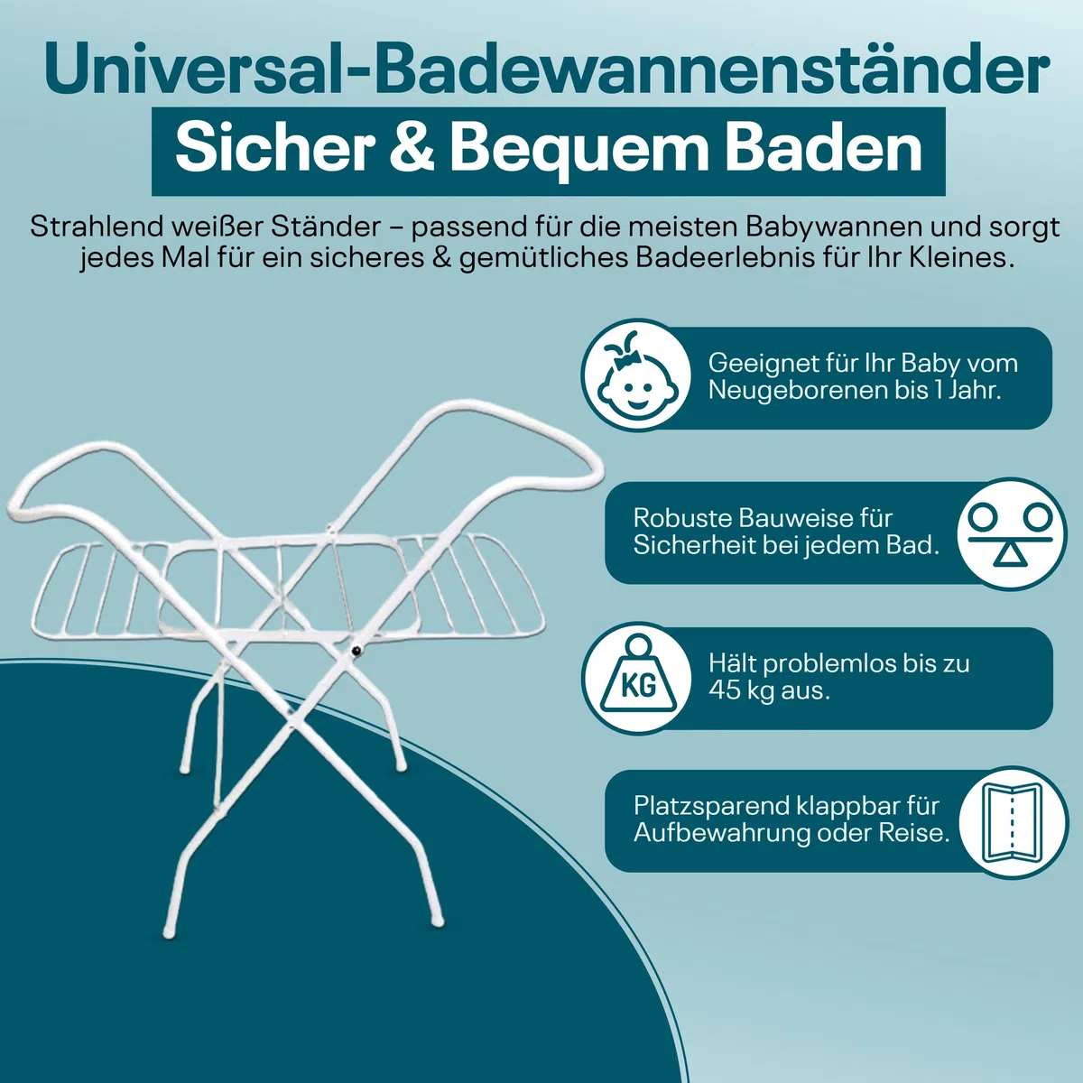 Universalständer für Babywannen, 84 und 100 cm , mit oder ohne Ablage, weiß, ohne Babywanne (100 cm mit Ablage)