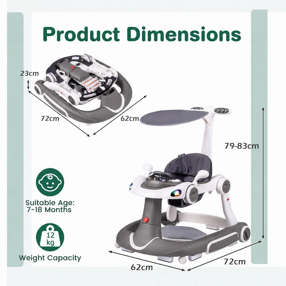 GIANTEX 7 in 1 Lauflernwagen, Lauflernhilfe höhenverstellbar mit Schaukelfunktion & Sprungmatte, Babywalker mit Licht, Musik, Spielecenter, Tablett, Laufwagen faltbar für Baby ab 6 Monaten (Grau)