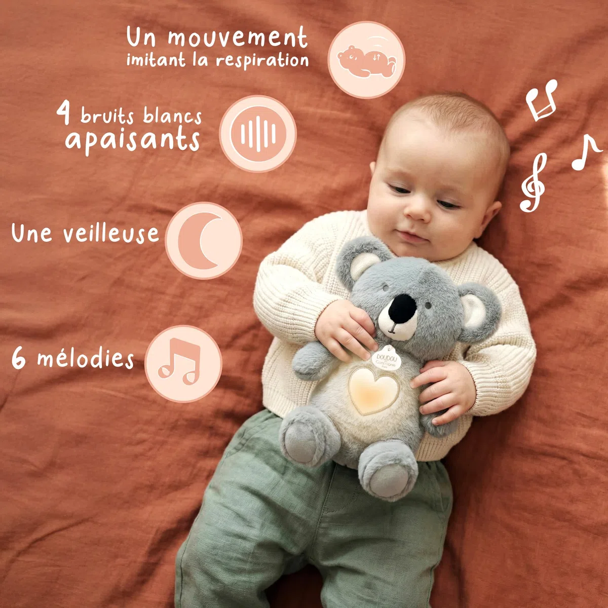 Doudou et Compagnie - Atmungsaktives Plüschtier Koala Respi'Rêves – 28 cm – Plüschtier mit Musik, beleuchtet, mit Atmungsbewegung – Schlafhilfe für Babys – Geschenk zur Geburt für Jungen und Mädchen