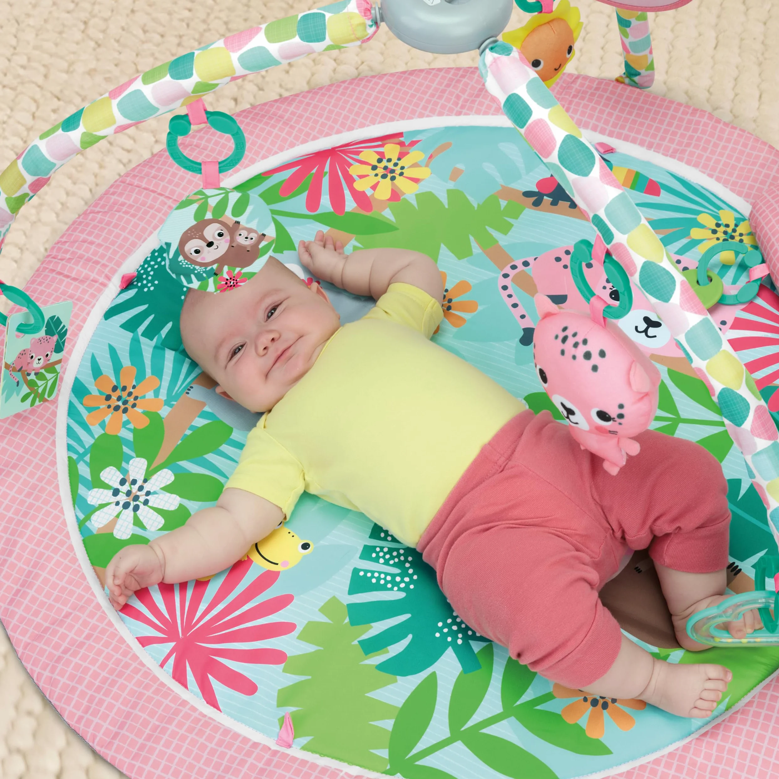 Bright Starts Rosy Regenwald Spieldecke Baby – faltbares Aktivitätsgym mit 7 Mitnehmsspielzeugen & Tragetasche, Dschungel-Design für Neugeborene und Ältere