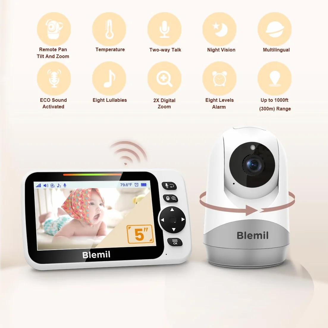 Blemil Babyphone mit Kamera und Audio 30 Stunden wiederaufladbare Batterie, 5" großer Bildschirm, ferngesteuerte Schwenk-/Neige-/Zoom-Kamera, Zwei-Wege-Gespräch, Nachtsicht, kein WiFi