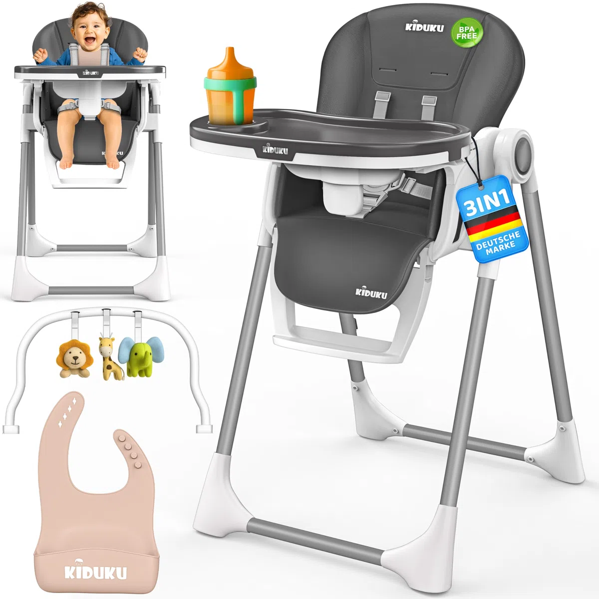 KIDUKU® Hochstuhl Baby 3in1 mit Neugeborenenaufsatz + Lätzchen, Aktivitätsbogen & Tisch | Kinderhochstuhl klappbar mit Liegefunktion | Kombihochstuhl höhenverstellbar | mitwachsend 0-36 Monate
