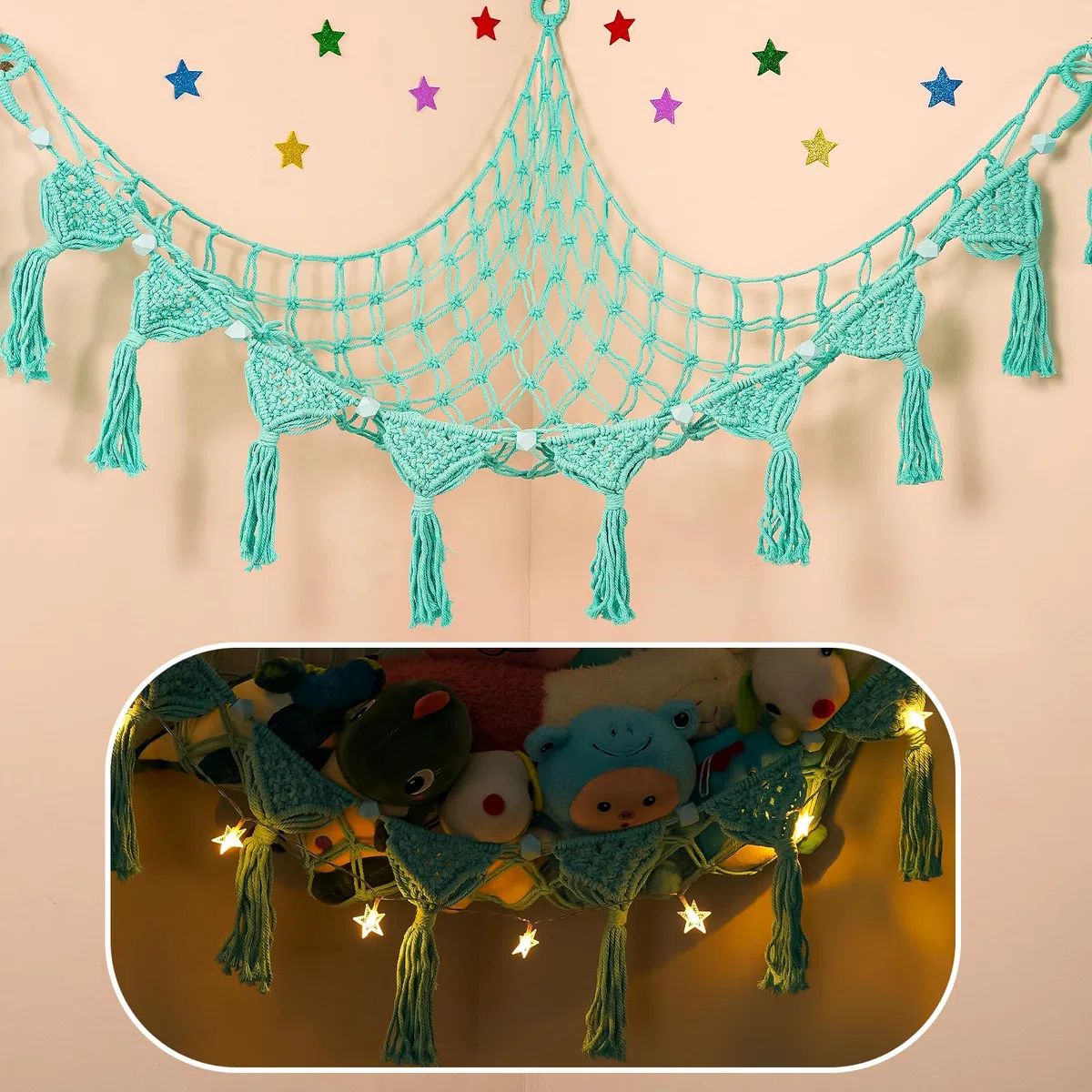 Stofftier-Hängematte, Hängenetz-Organizer für Spielzimmer, Kinderzimmer, Dekoration, Boho-Makramee-Quasten, Eckspielzeughalter, Wandmontage, Plüschtiernetz mit Lichterkette für Babyzimmer