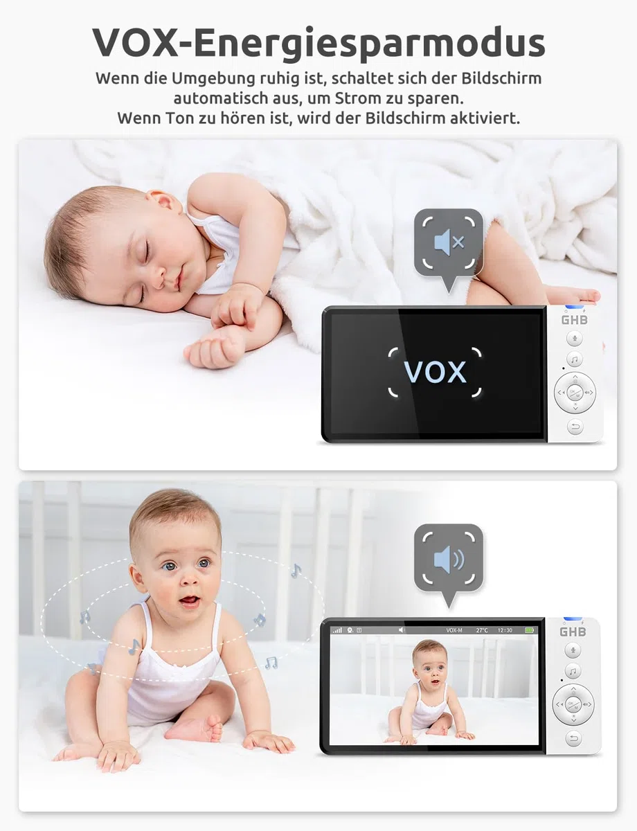 GHB Babyphone mit Kamera 5 Zoll HD 5000mAh IPS-Display VOX-Modus 4X Zoom Nachtsicht Temperaturanzeige Zwei-Wege-Audio 720P Nicht drehbar