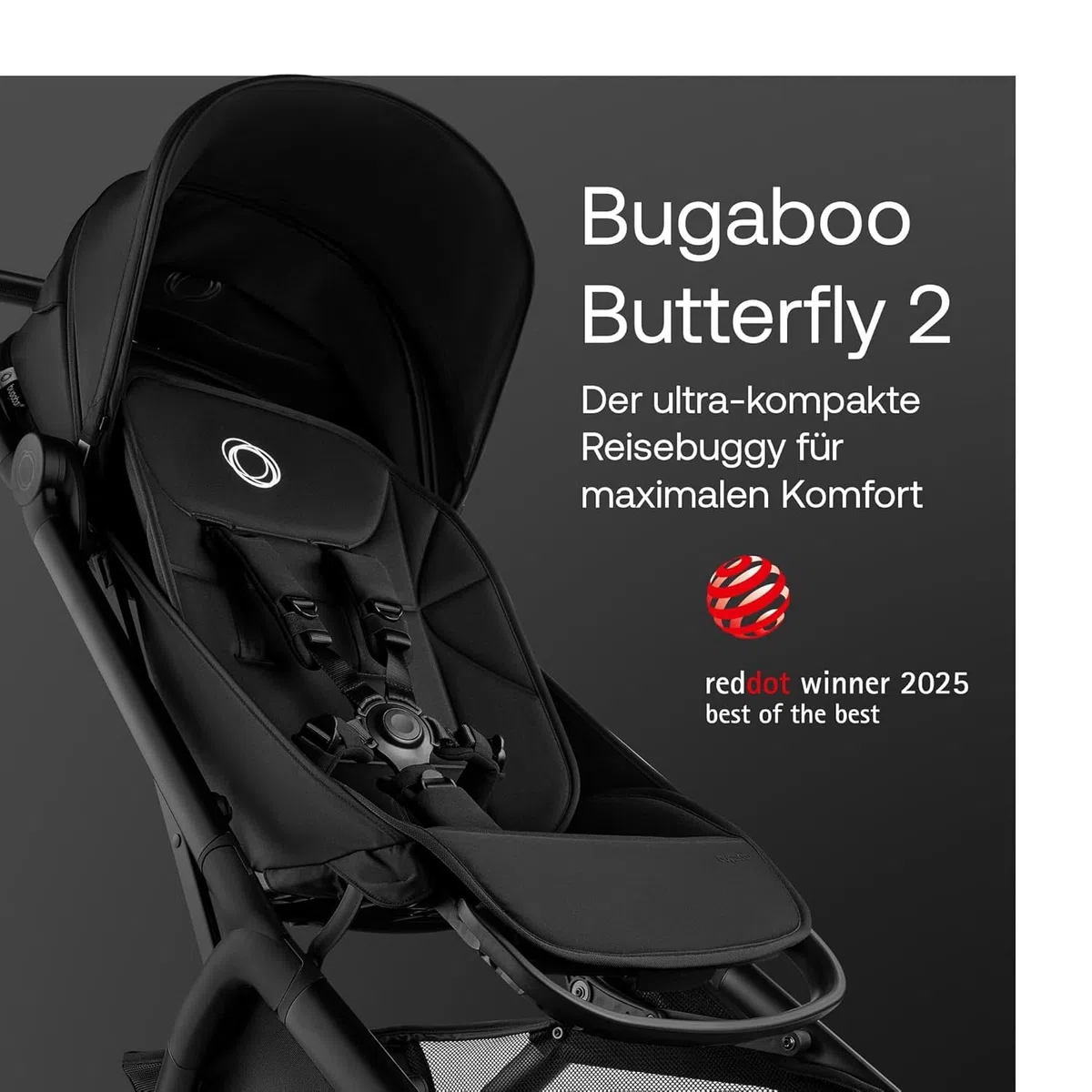 Bugaboo Butterfly 2 Reisebuggy Set – leichter, faltbarer Kinderwagen mit Sicherheitsbügel & Regenabdeckung – Handgepäckgröße, mit Liegefunktion – ab 6 Monaten bis 4 Jahre – Heritage Black