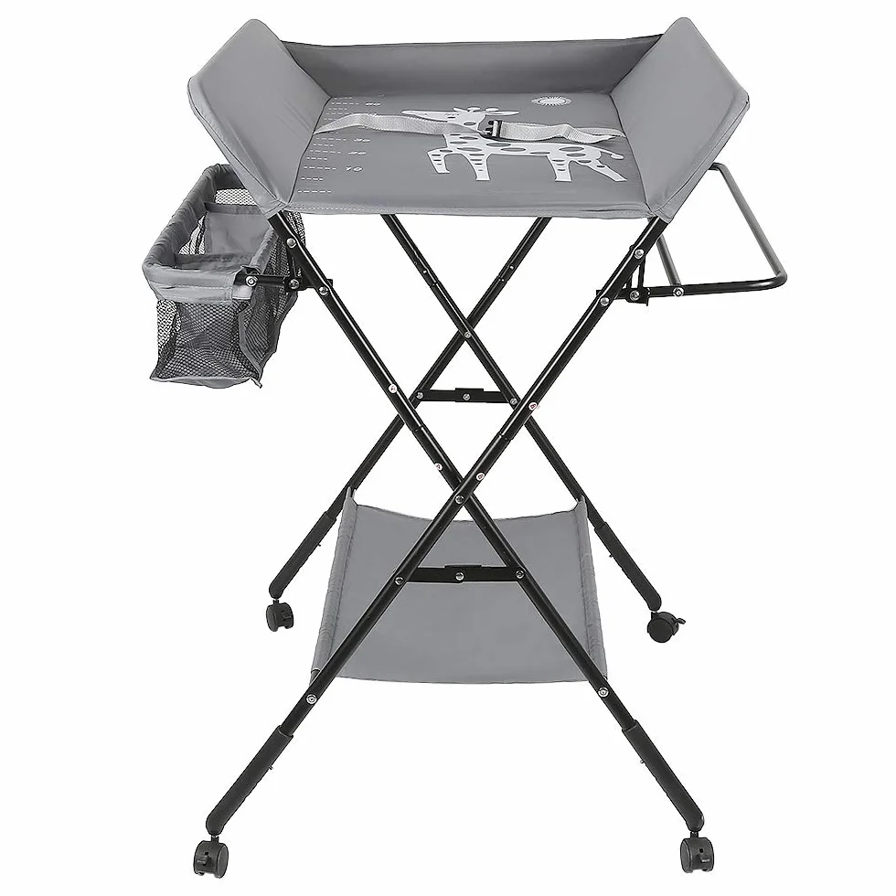 3-in-1 klappbarer und tragbarer Wickeltisch, maximale Belastung 25 kg für Neugeborene, Wickeltisch mit Aufbewahrungskorb, Sicherheitsgurt und 4 Rädern mit Bremse, höhenverstellbar, Grau